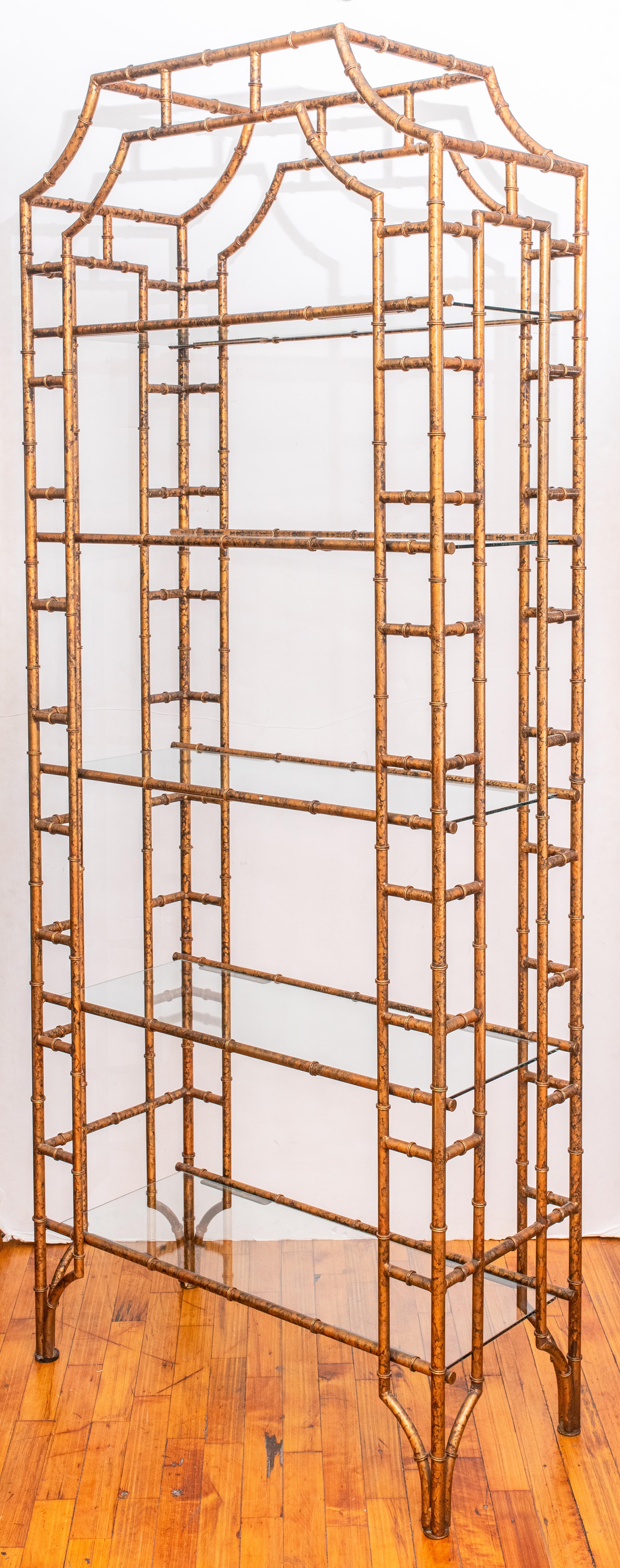 American Chinese Chinoiserie Hand Painted Gold and Brown Metal Etagere