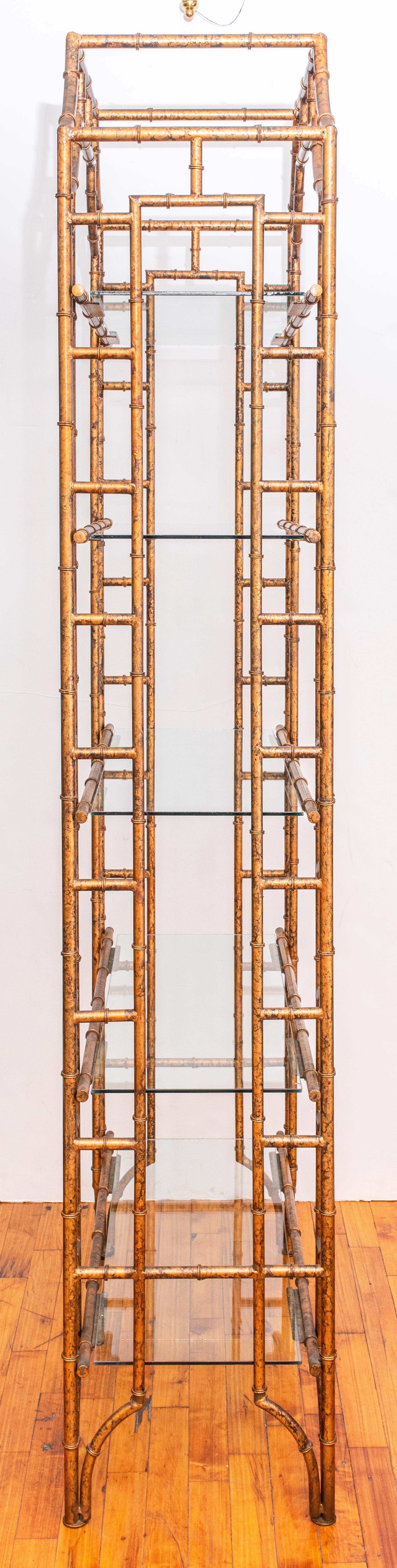 Mid-20th Century Chinese Chinoiserie Hand Painted Gold and Brown Metal Etagere