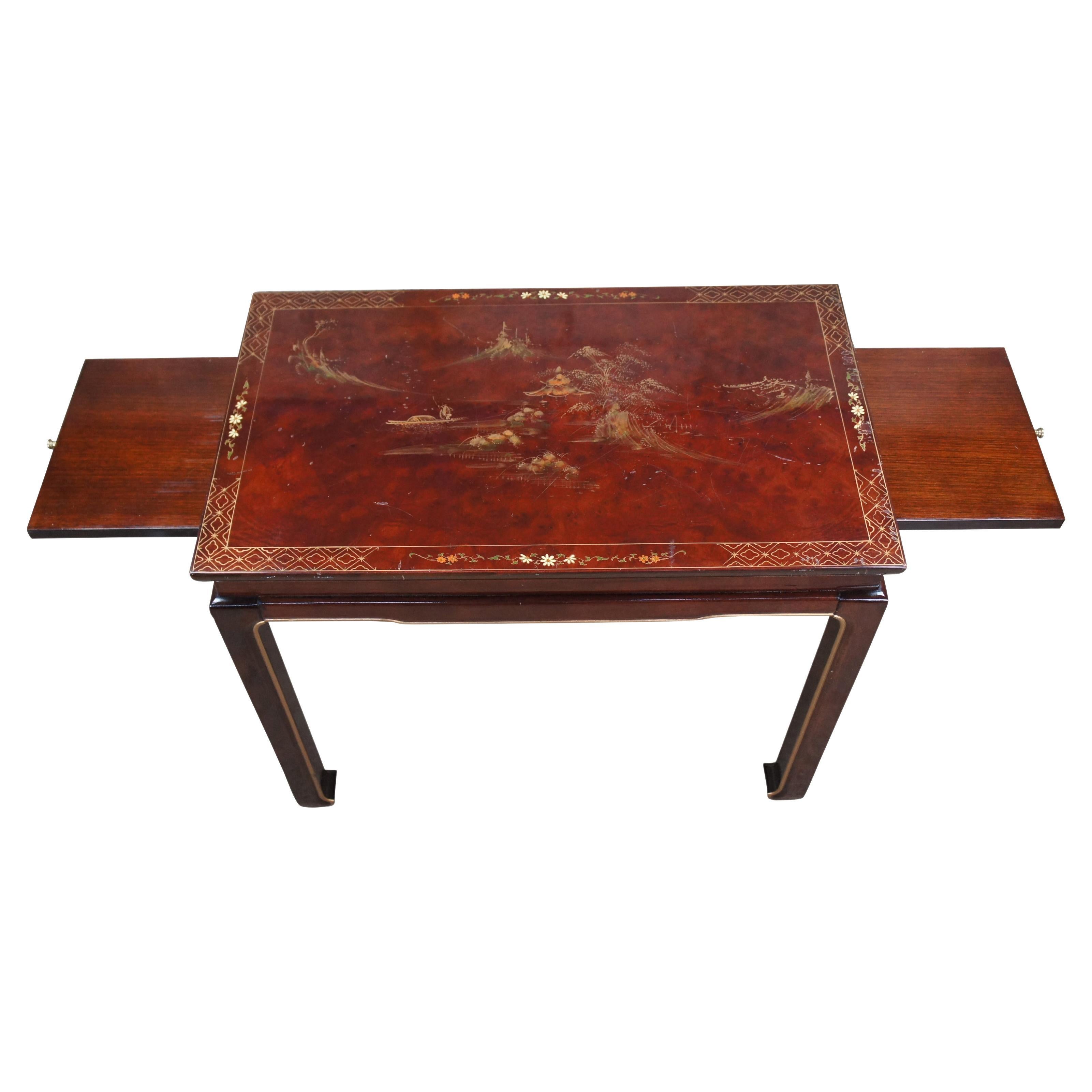 Chinese Chinoiserie Ming Style Tea Side Accent Table W/ Pull Out Tray Shelf 30" For Sale