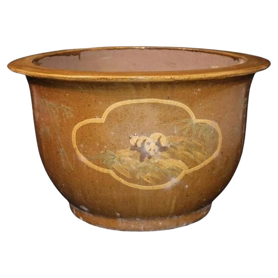 Chinese Chinoiserie Panda & Bamboo Pottery Jardiniere Garden Planter Flower Pot For Sale