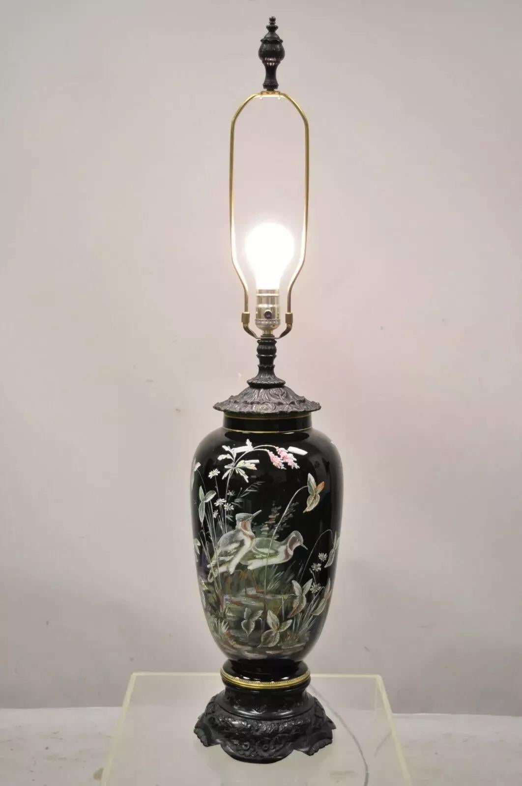 Lampada da tavolo cinese Chinoiserie in porcellana ceramica nera Jardiniere Bird Painted in vendita 3