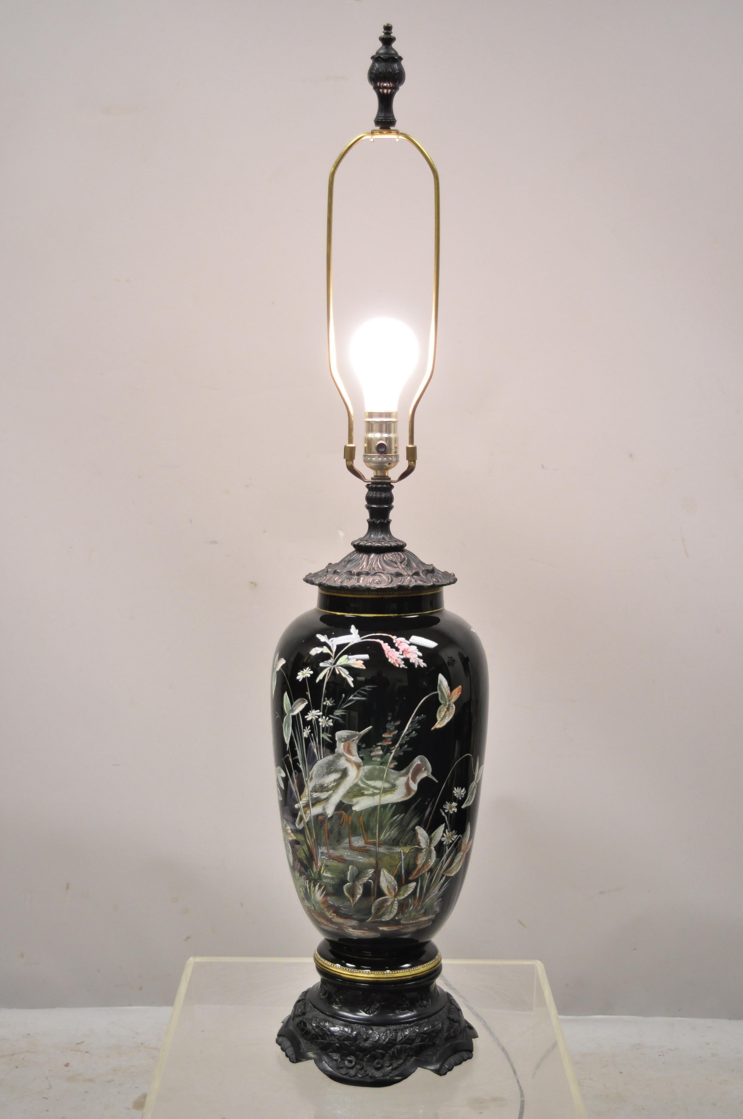 Chinese Chinoiserie Porcelain Ceramic Black Jardinière Bird Painted Table Lamp For Sale 3
