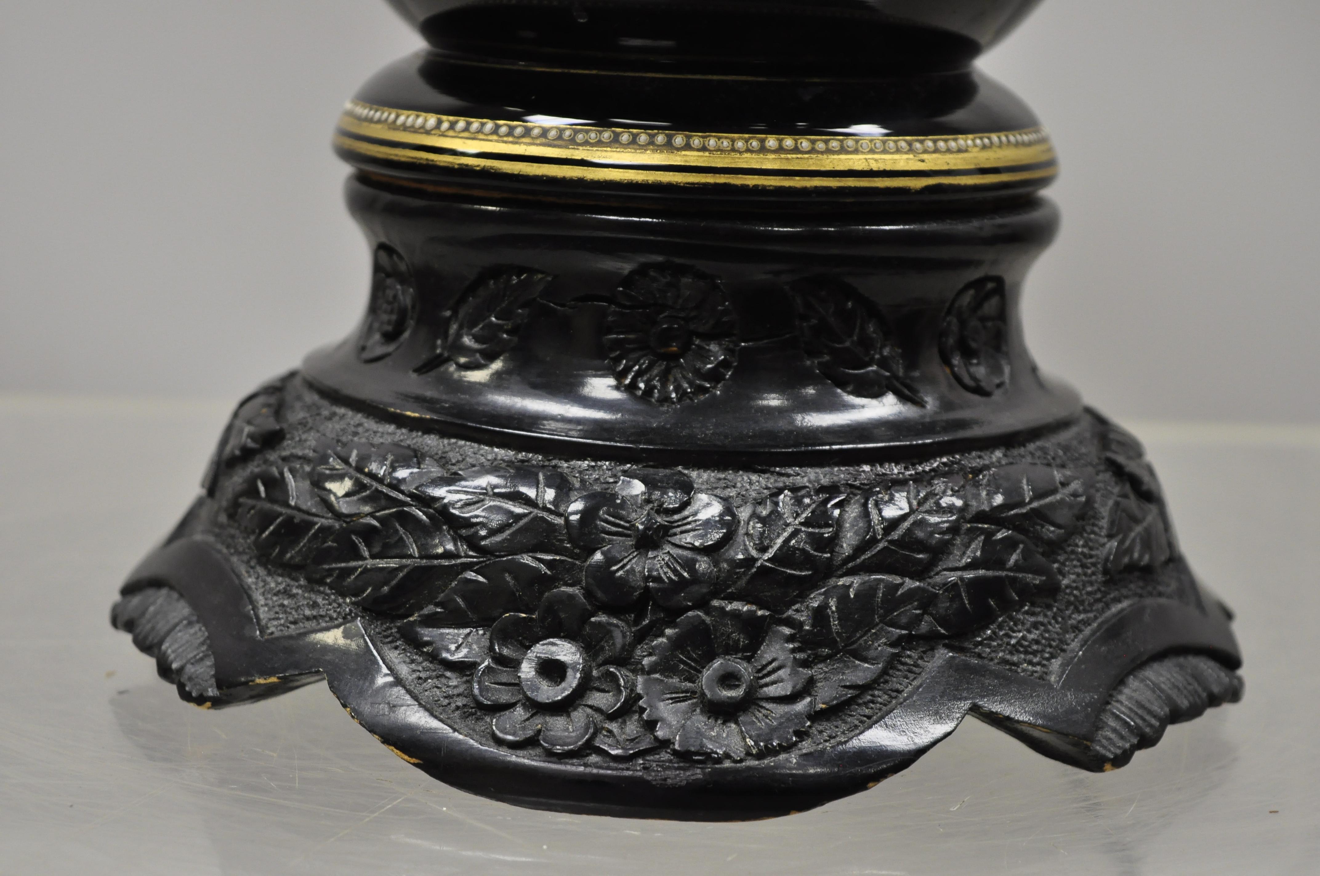 Chino Chinoiserie Porcelana Cerámica Negro Jardinière Pájaro Pintado Lámpara de mesa 3