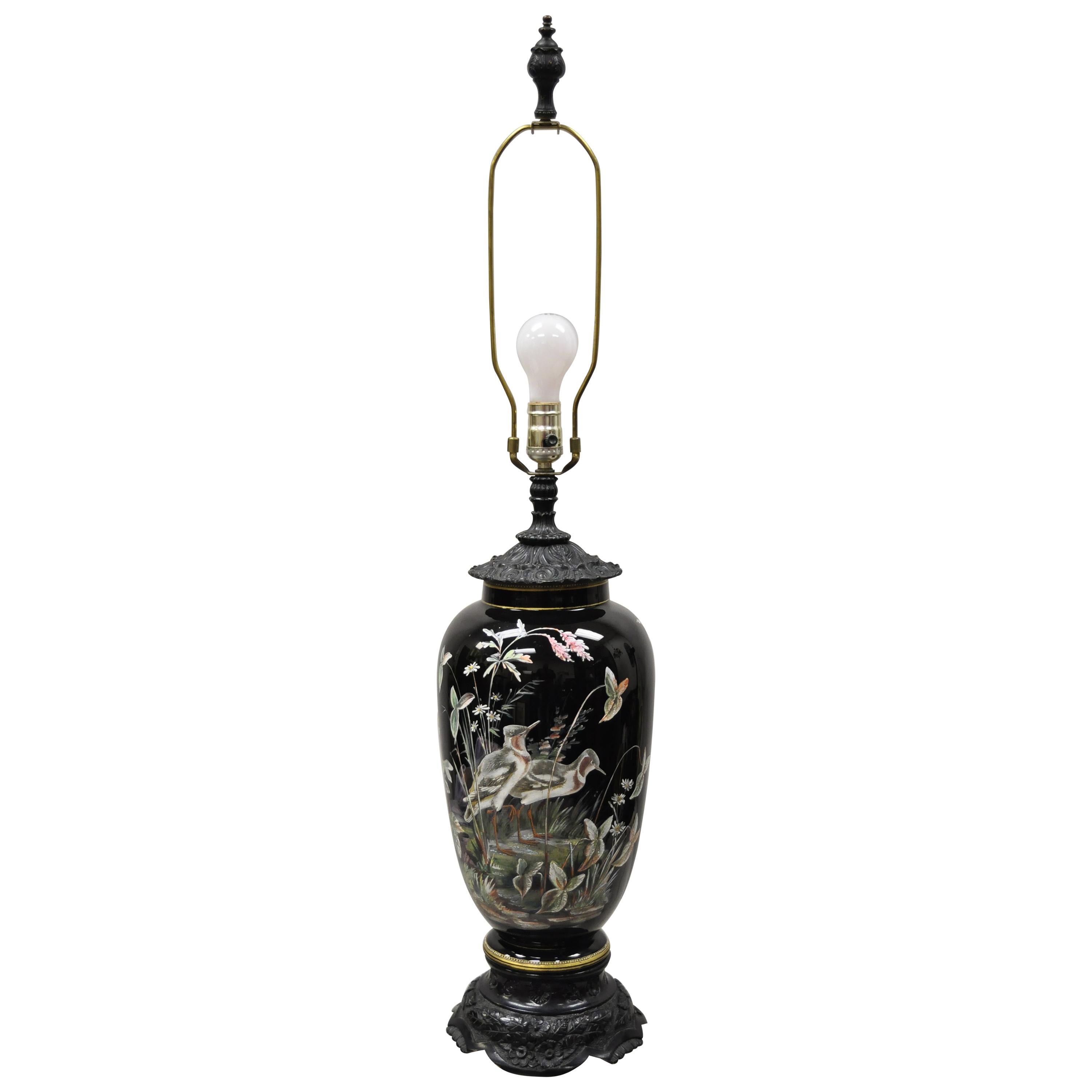 Chinese Chinoiserie Porcelain Ceramic Black Jardinière Bird Painted Table Lamp For Sale