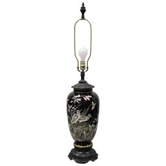Chinese Chinoiserie Porcelain Ceramic Black Jardinière Bird Painted Table Lamp