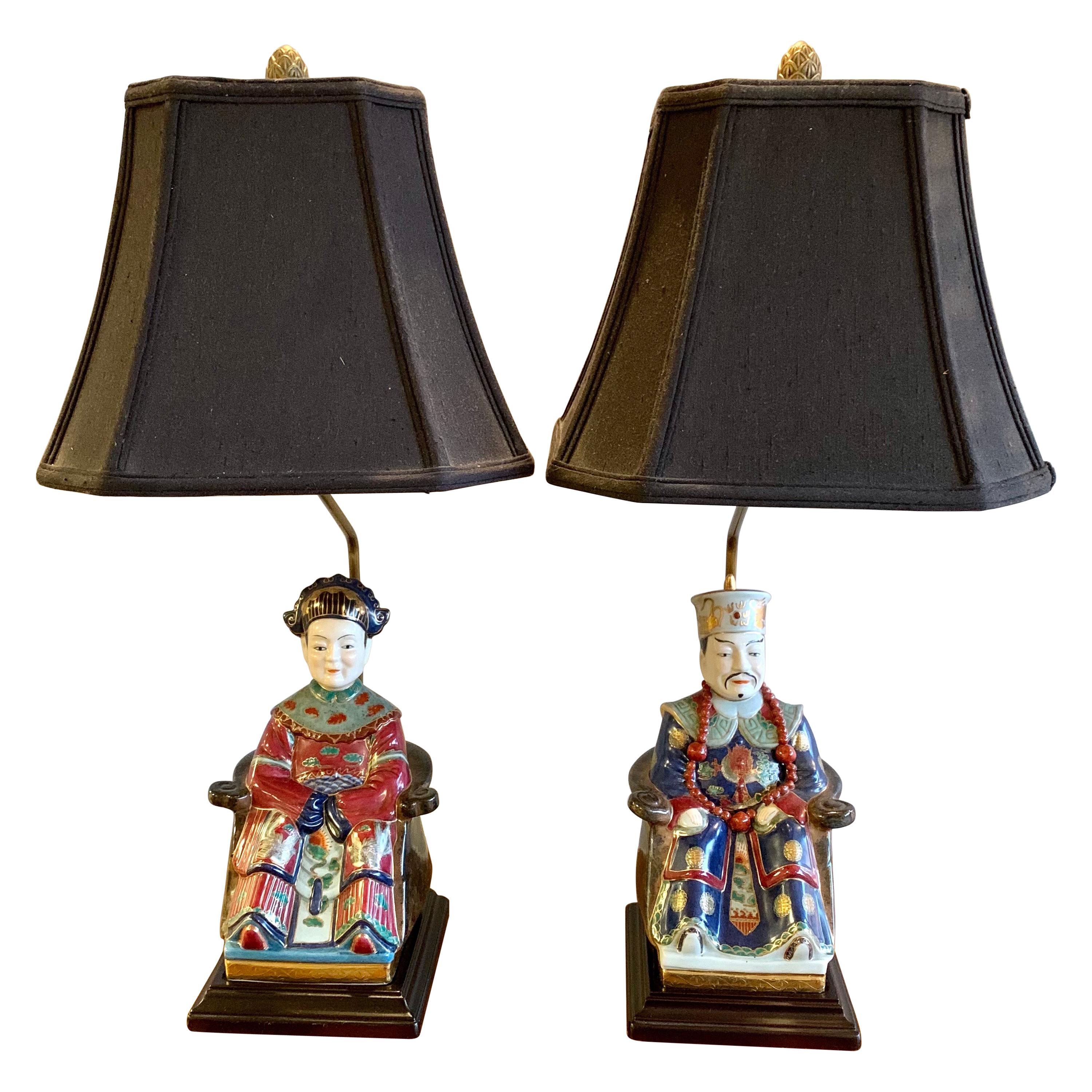 Chinese Chinoiserie Porcelain Emperor and Empress Lamps