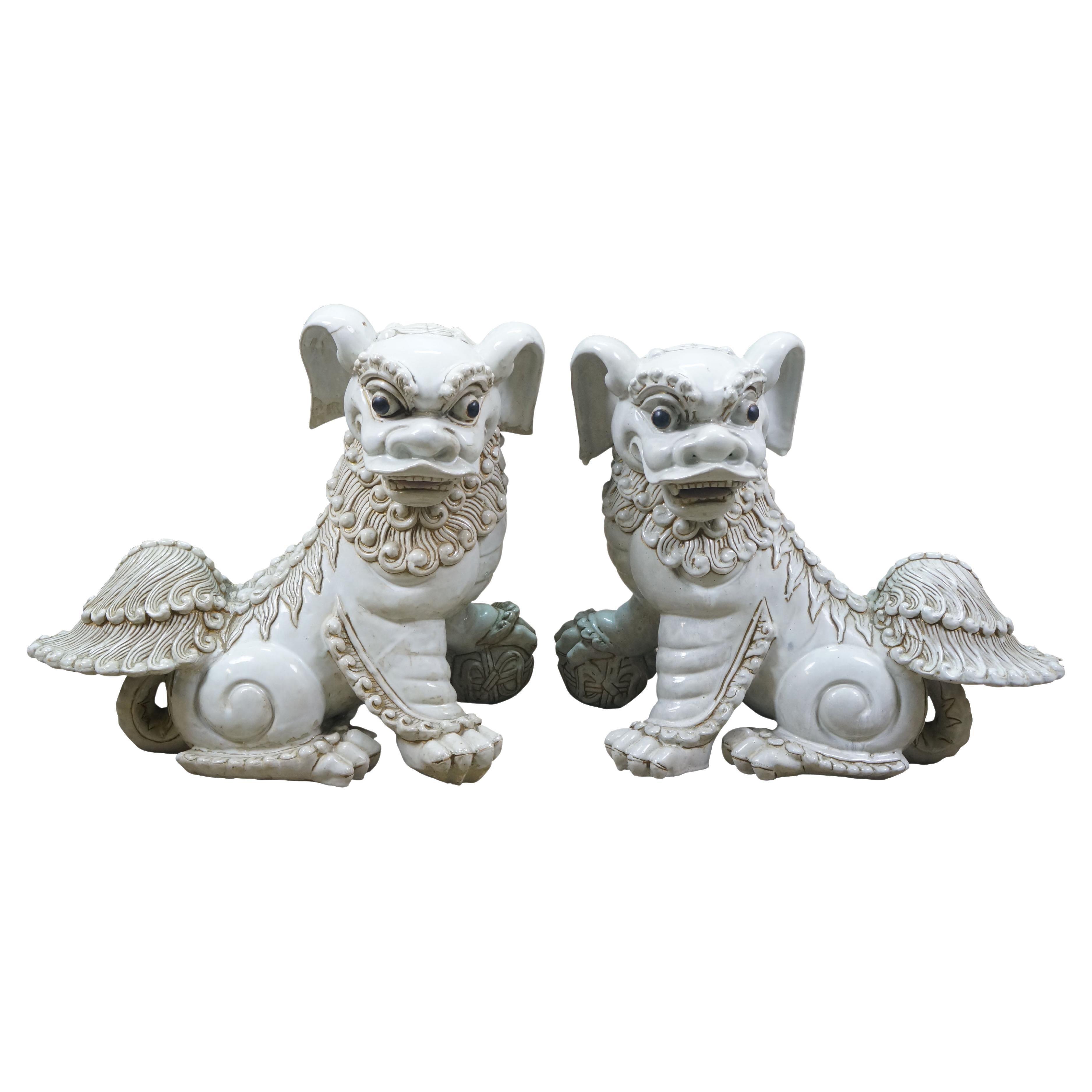 Chinoiserie chinoise porcelaine Foo Dogs Fu Guardian Lion Statues Sculptures 23"