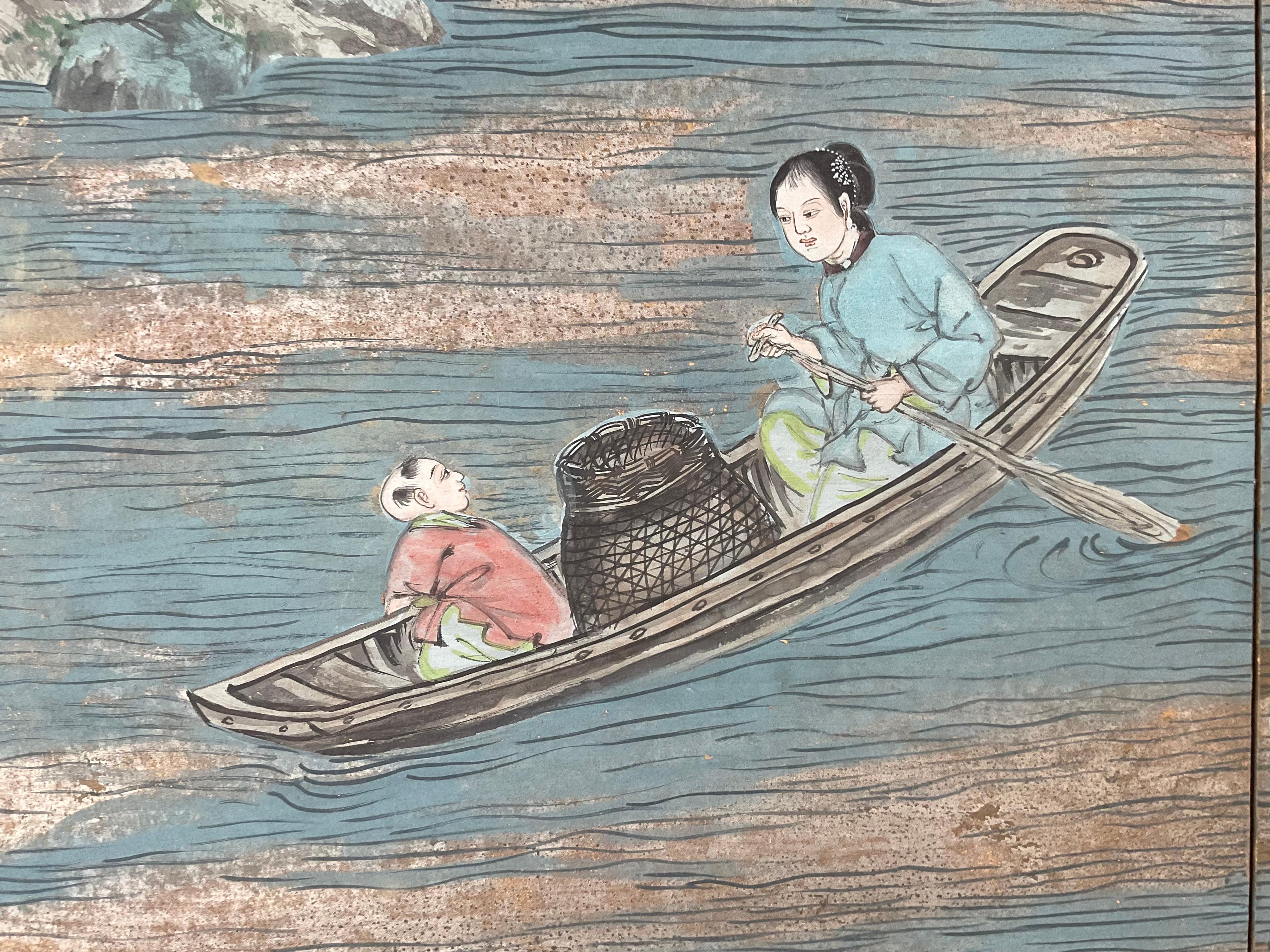 Chinesische Chinoiserie-Tapete Screen, vier Paneele im Angebot 3