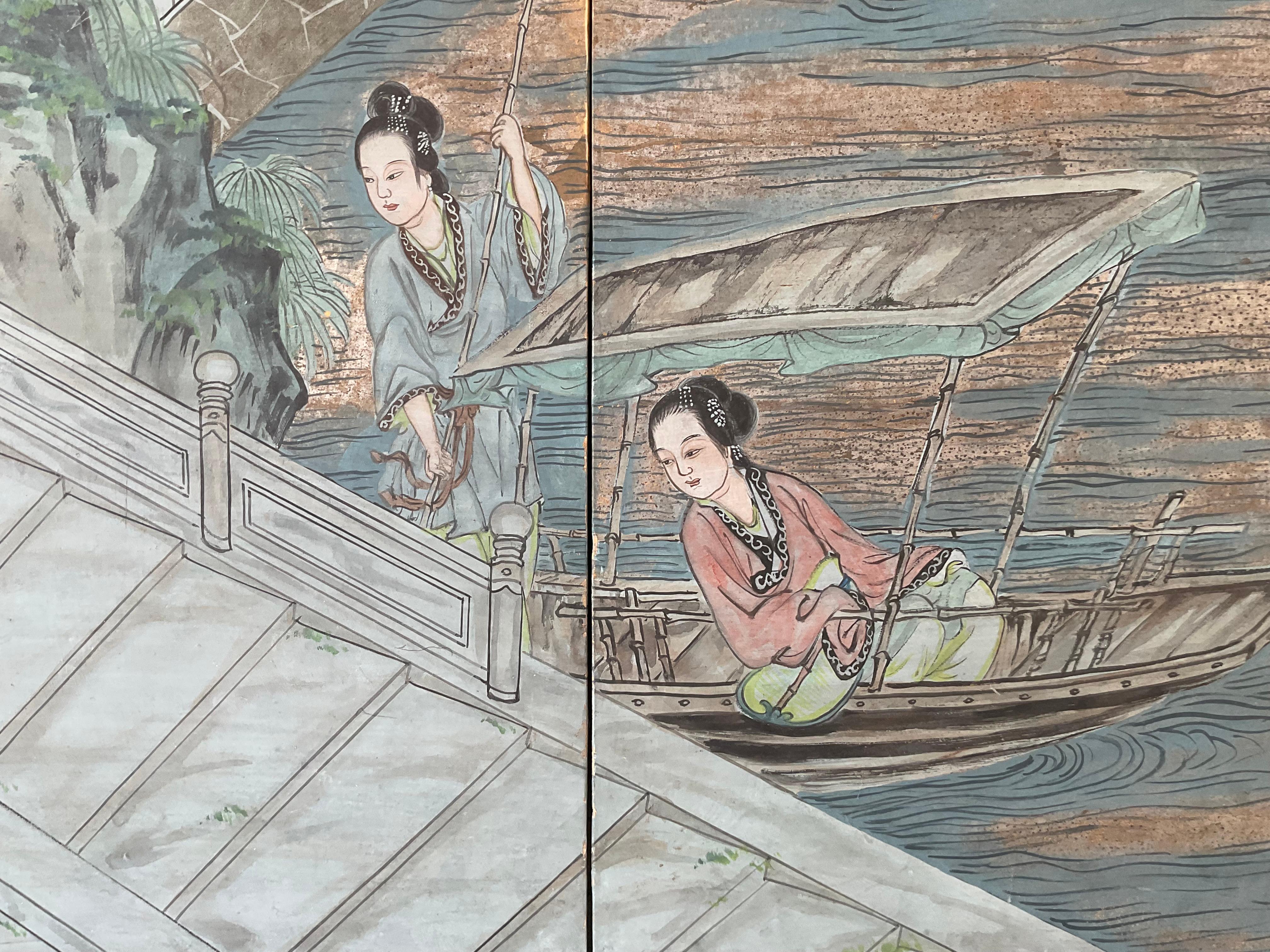 Chinesische Chinoiserie-Tapete Screen, vier Paneele im Angebot 4