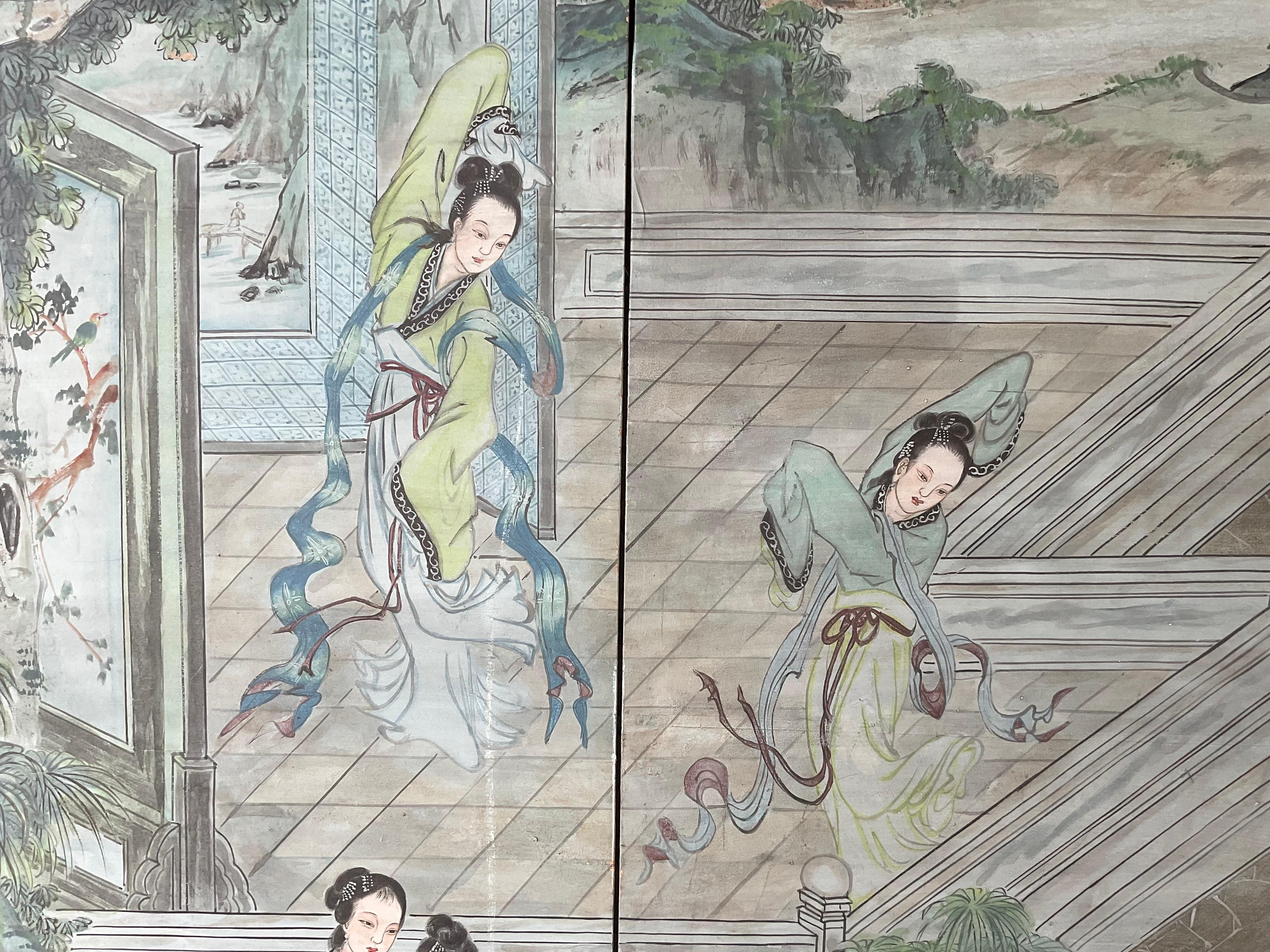 Chinesische Chinoiserie-Tapete Screen, vier Paneele im Angebot 5