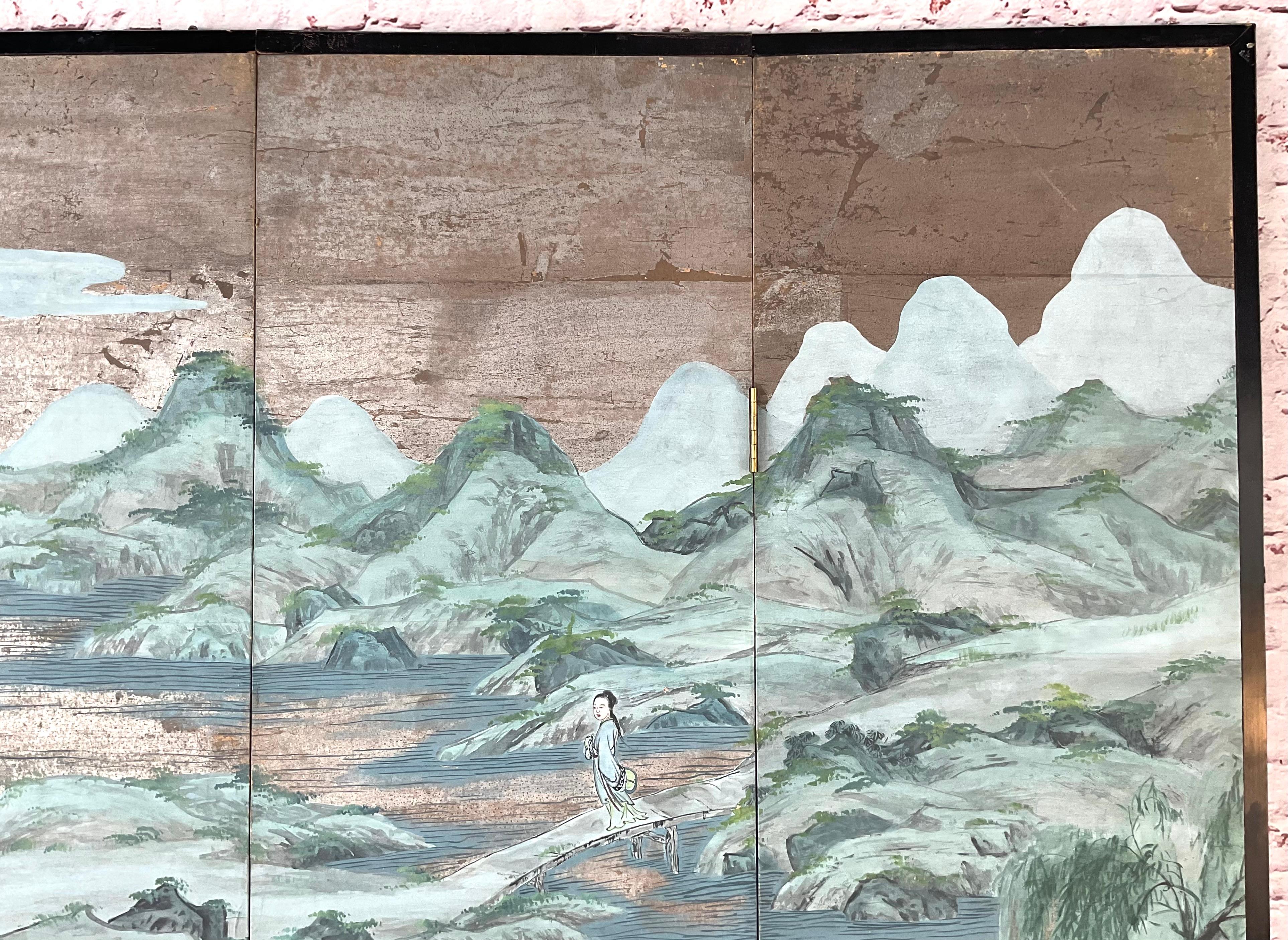 Chinesische Chinoiserie-Tapete Screen, vier Paneele (Handbemalt) im Angebot