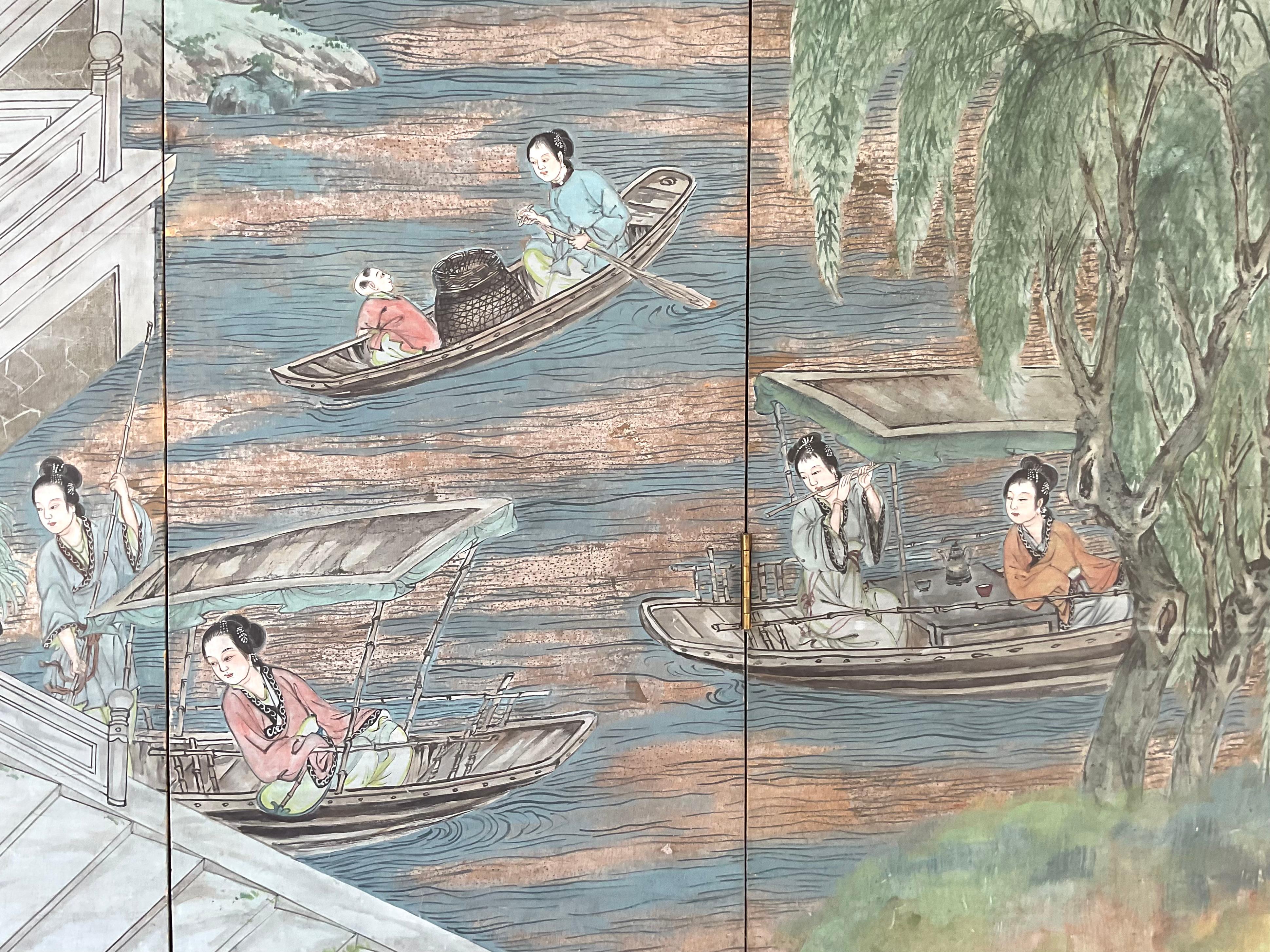 Chinesische Chinoiserie-Tapete Screen, vier Paneele im Zustand „Gut“ im Angebot in Bradenton, FL