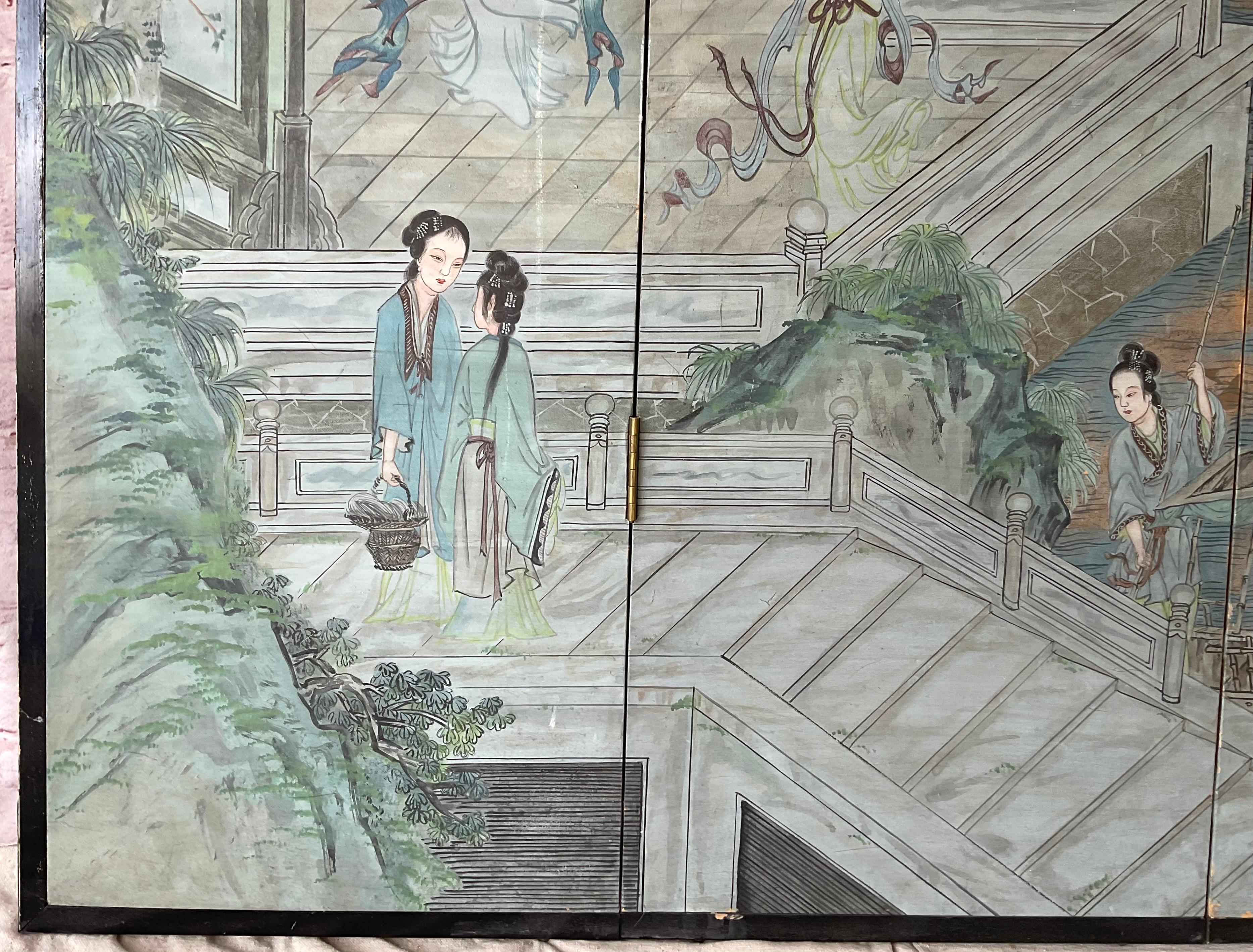 Chinesische Chinoiserie-Tapete Screen, vier Paneele (20. Jahrhundert) im Angebot
