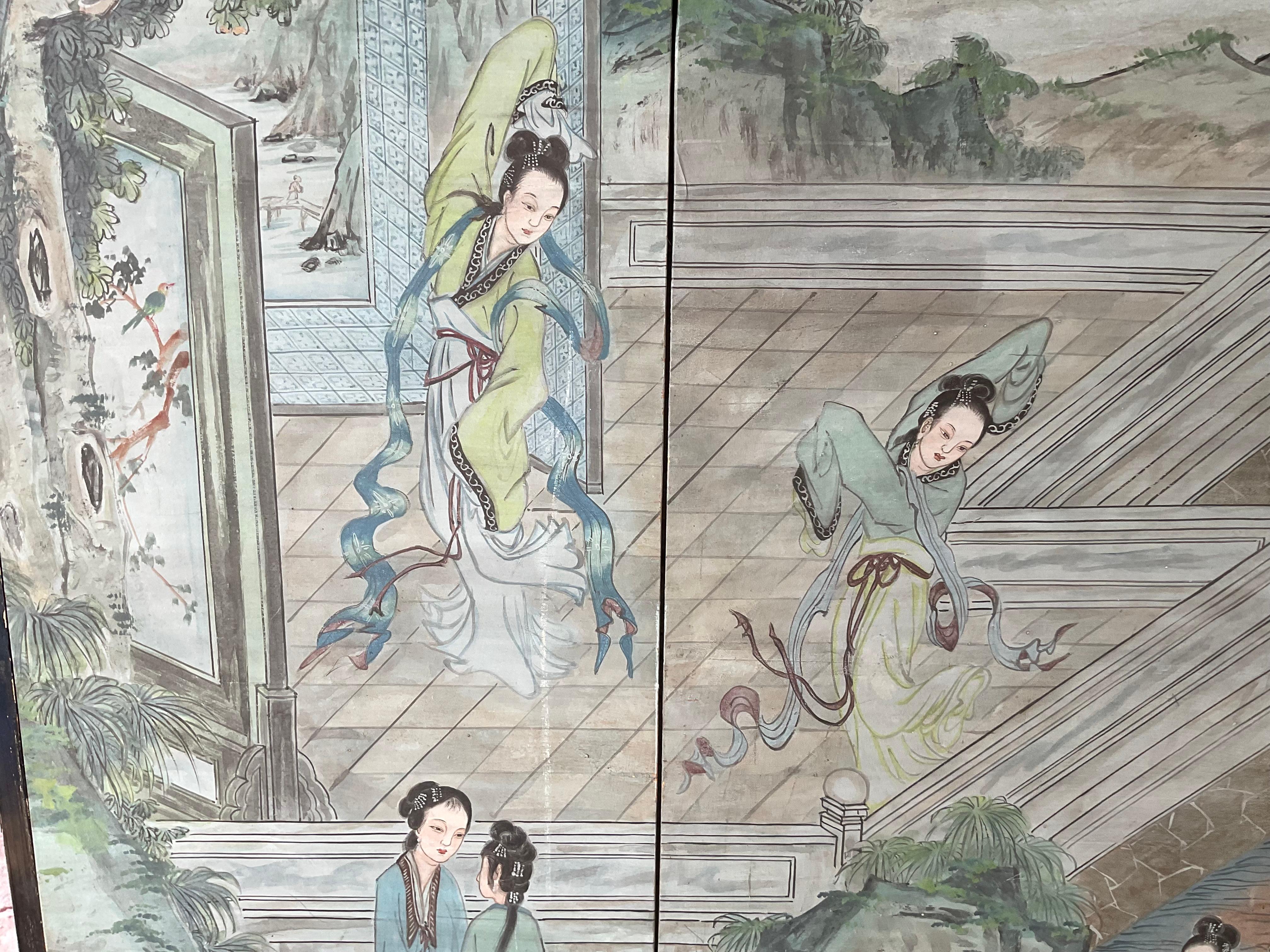 Chinesische Chinoiserie-Tapete Screen, vier Paneele im Angebot 1