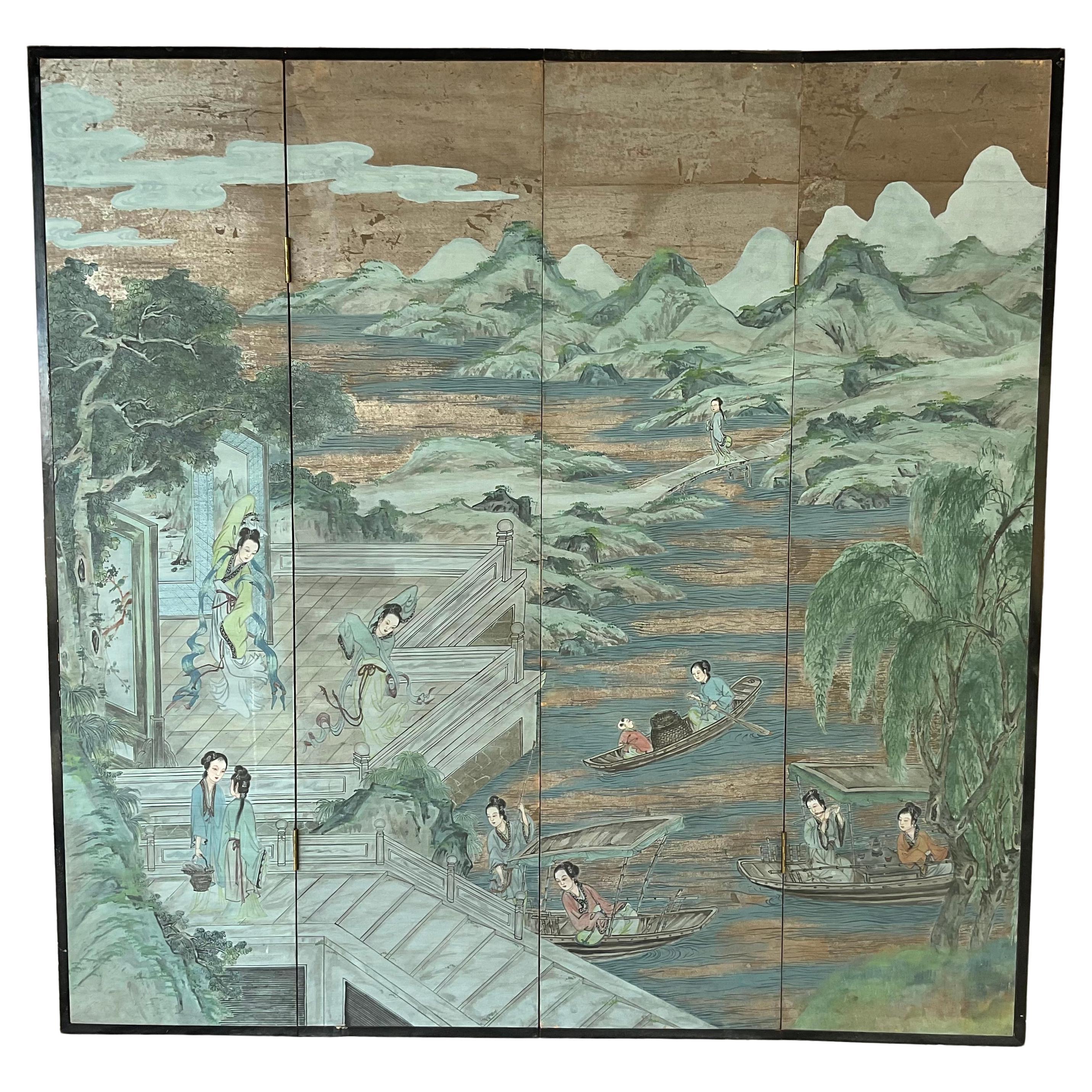 Chinese Chinoiserie Wallpaper Screen, Four Panels