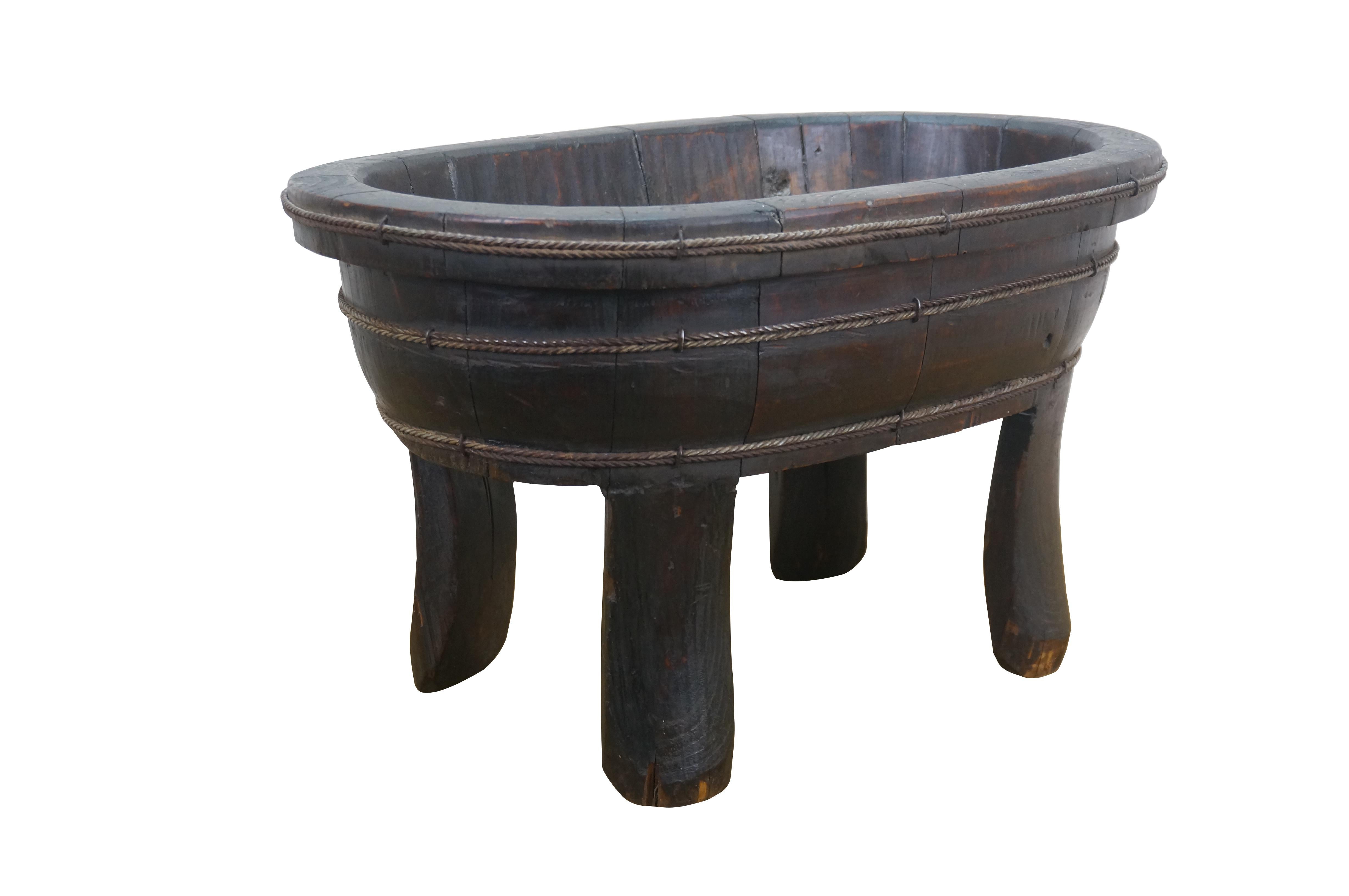 Chinese Chinoiserie Wooden Oval Footed Rope Banded Wash Tub Laundry Basin 20
