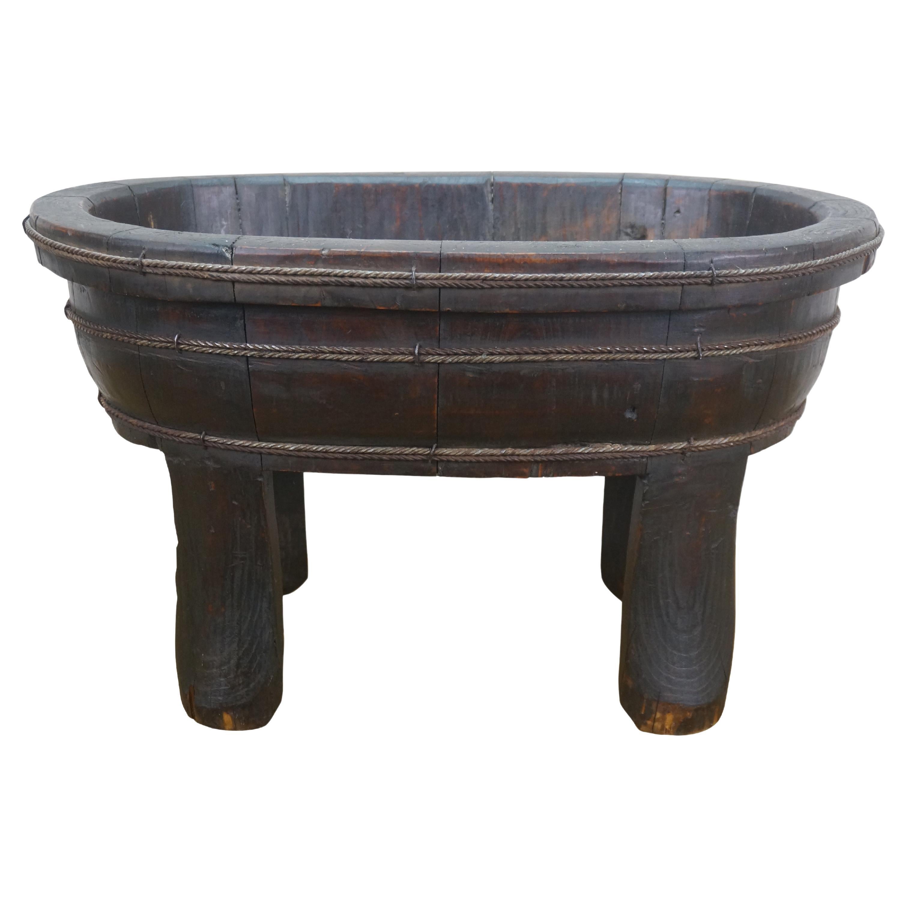Chinese Chinoiserie Wooden Oval Footed Rope Banded Wash Tub Laundry Basin 20" For Sale