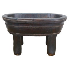 Chinese Chinoiserie Wooden Oval Footed Rope Banded Wash Tub Laundry Basin 20"