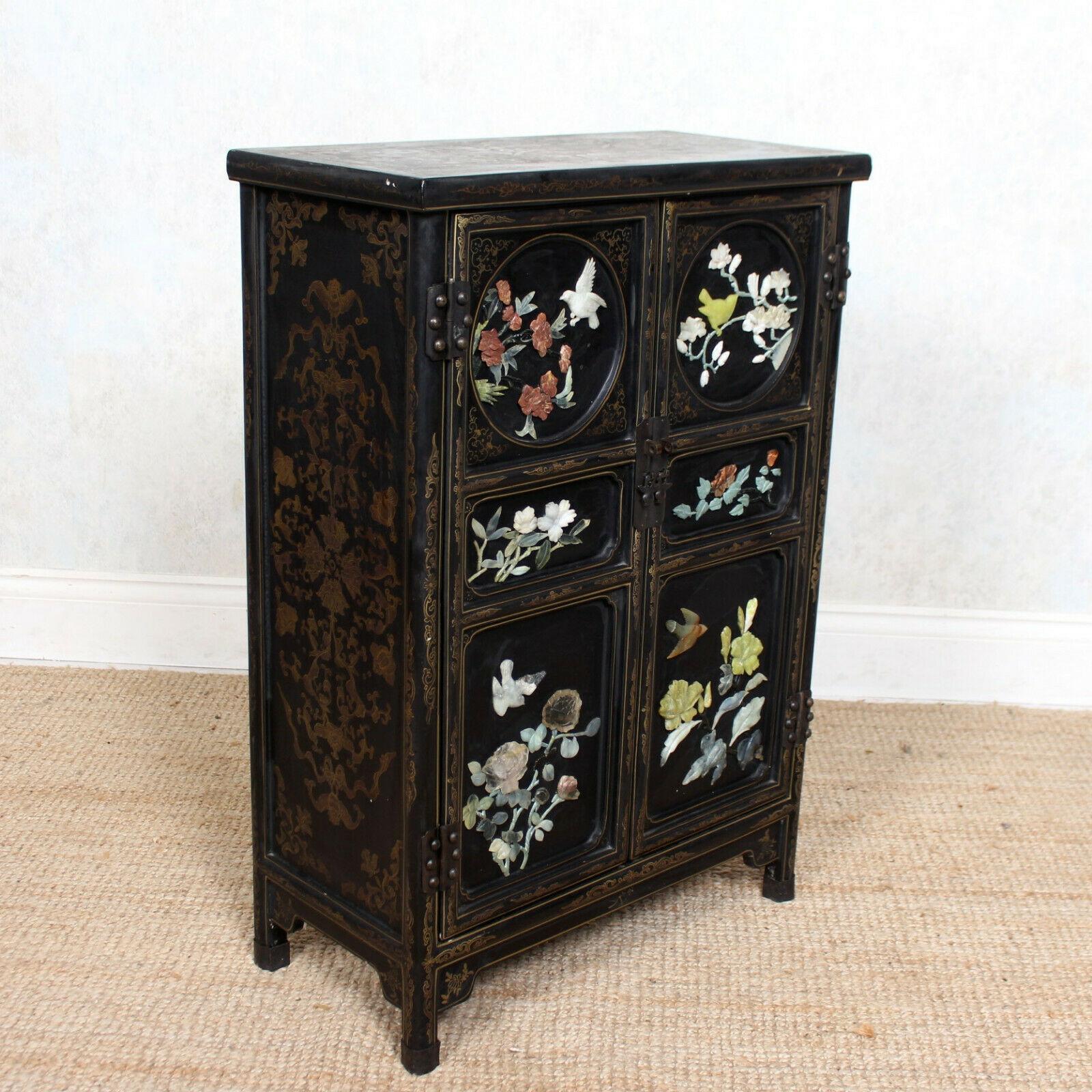 Chinese Chinoiserie Lacquered Cabinet Ebonized Oriental 5