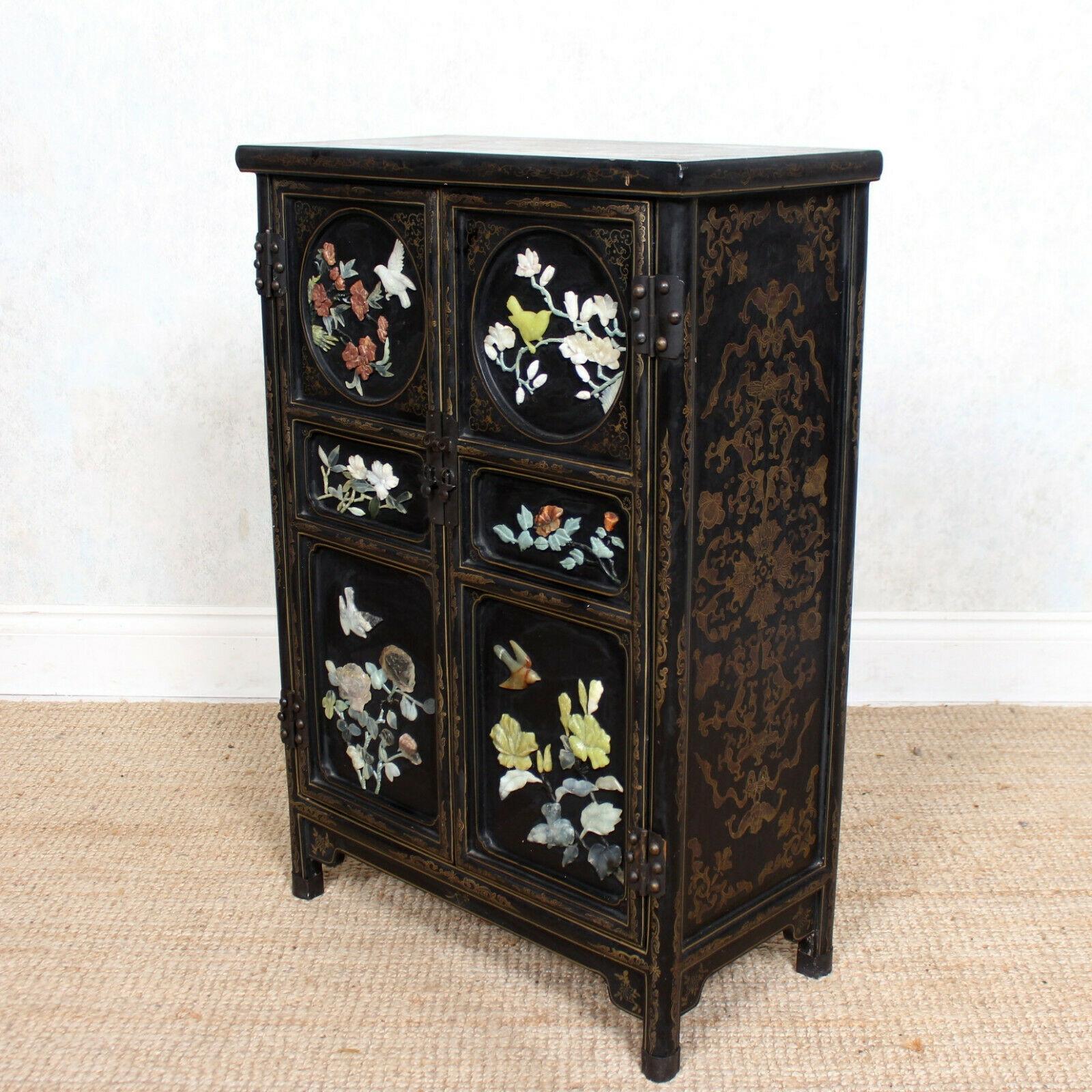 Chinese Chinoiserie Lacquered Cabinet Ebonized Oriental 3