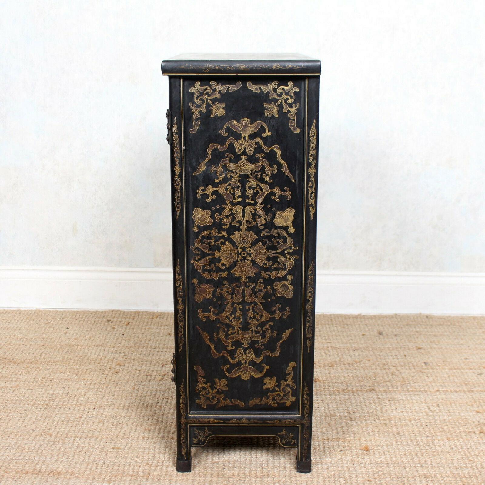 Chinese Chinoiserie Lacquered Cabinet Ebonized Oriental 4