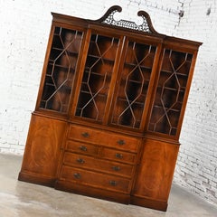 Chinese Chippendale Baker Breakfront Secretary China Cabinet w/ Pierced Pediment