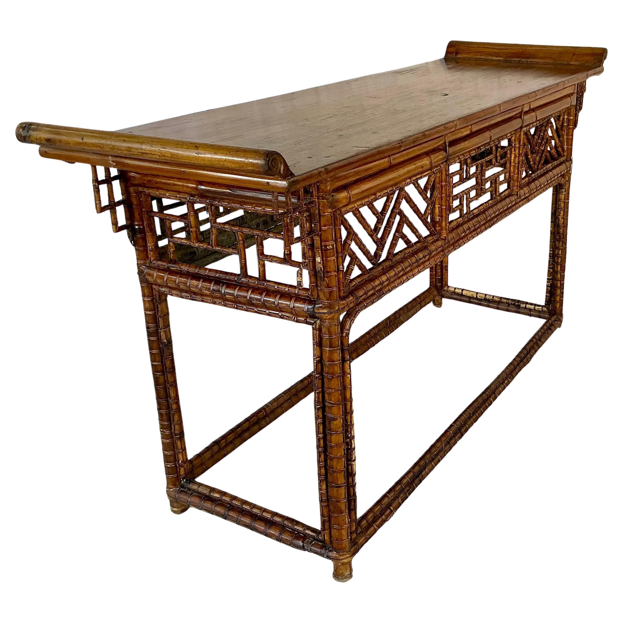 Chinese Chippendale Bamboo Console, Altar Table In Good Condition For Sale In Bradenton, FL