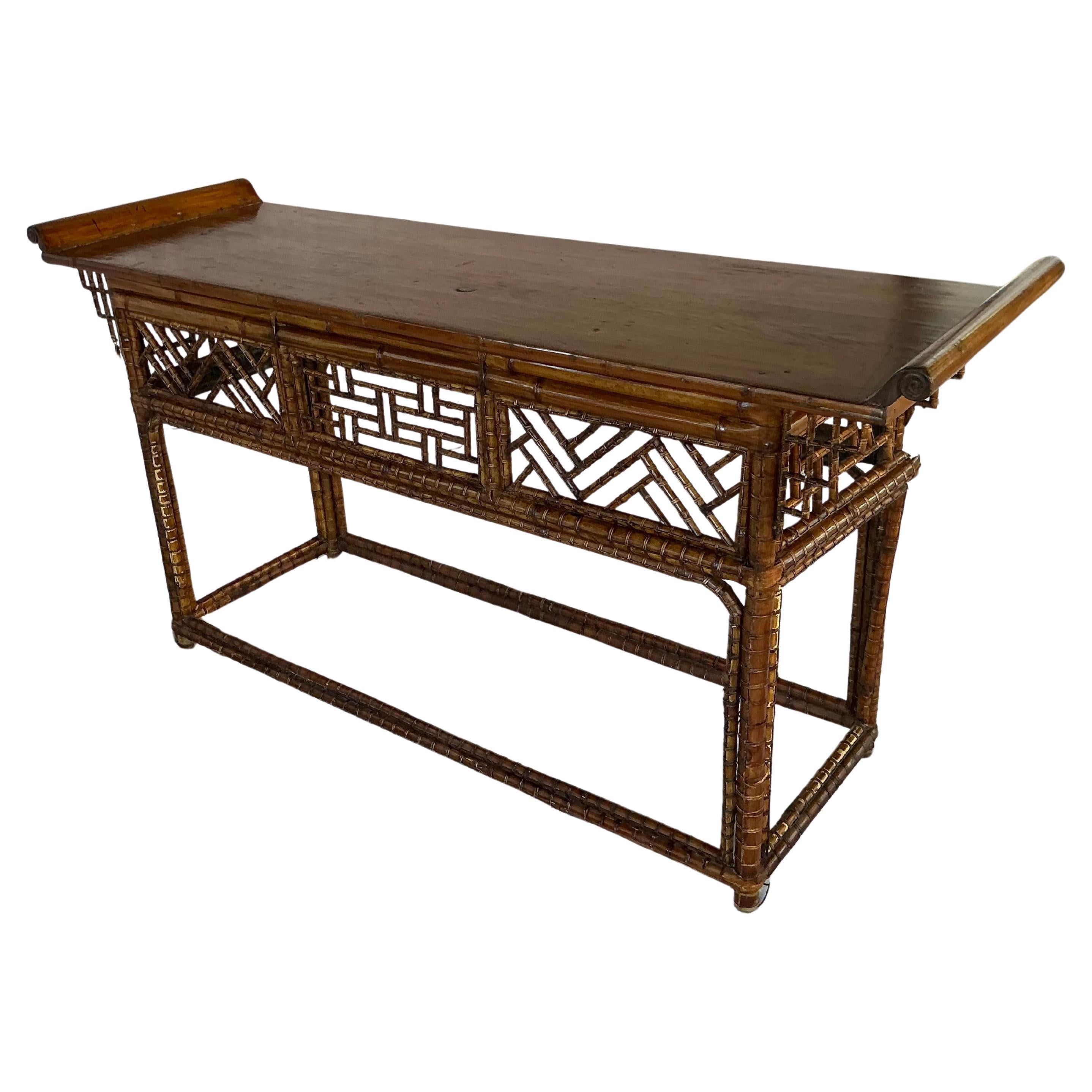 20th Century Chinese Chippendale Bamboo Console, Altar Table For Sale