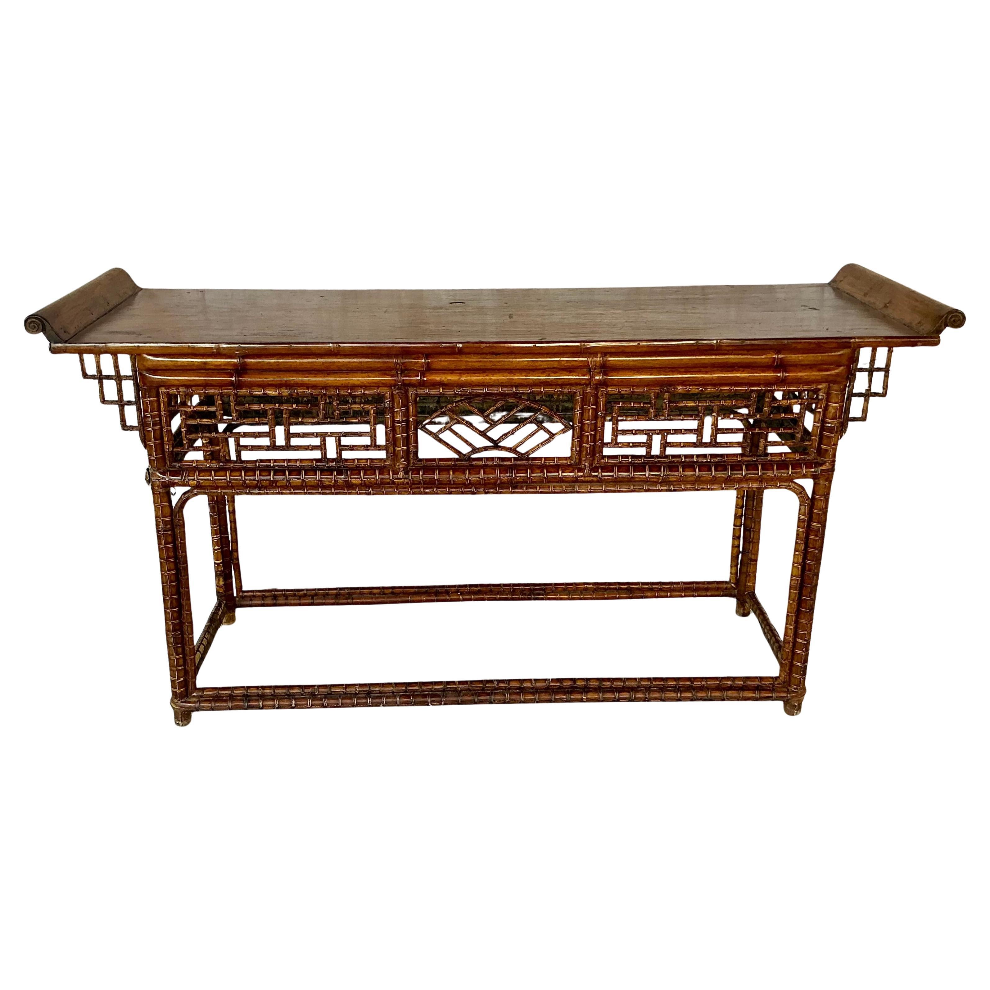 Chinese Chippendale Bamboo Console, Altar Table For Sale