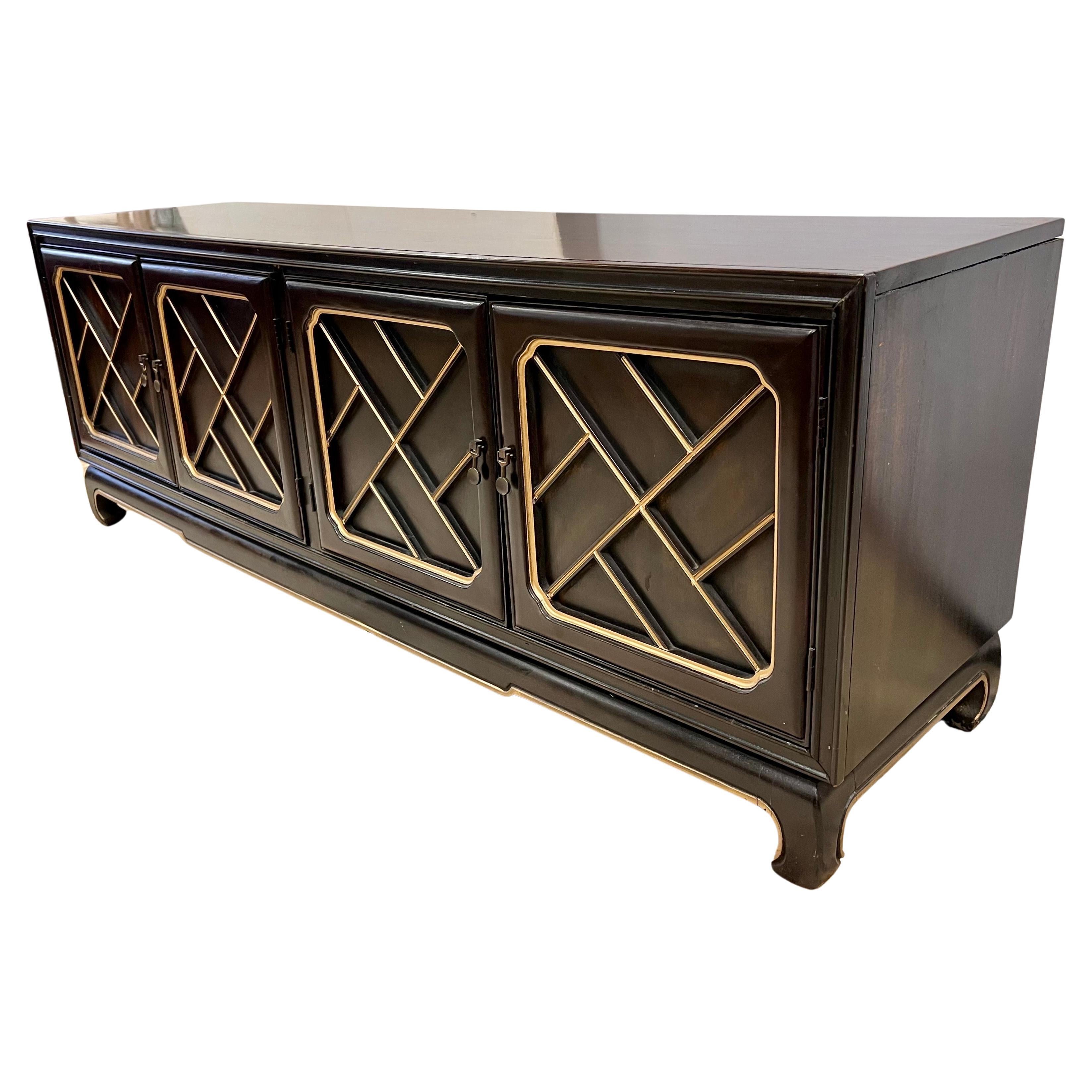 Chinese Chippendale Black Lacquered and Gold Console Cabinet Credenza  For Sale