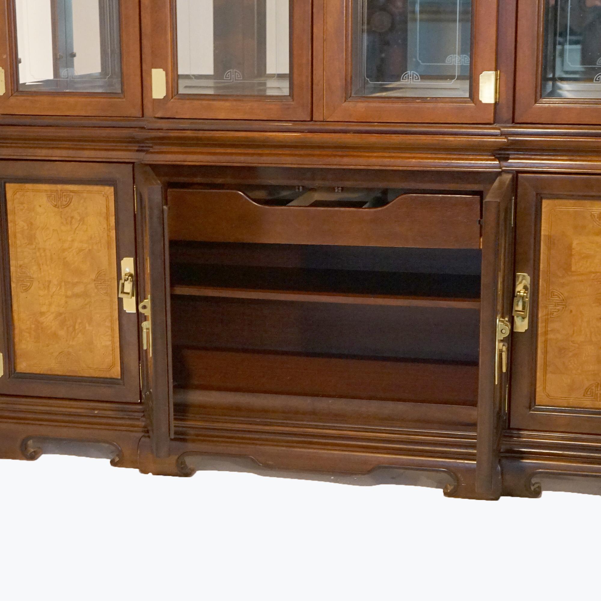 Chinese Chippendale Burl & Mahogany Lighted Breakfront Cupboard, 20th C 8