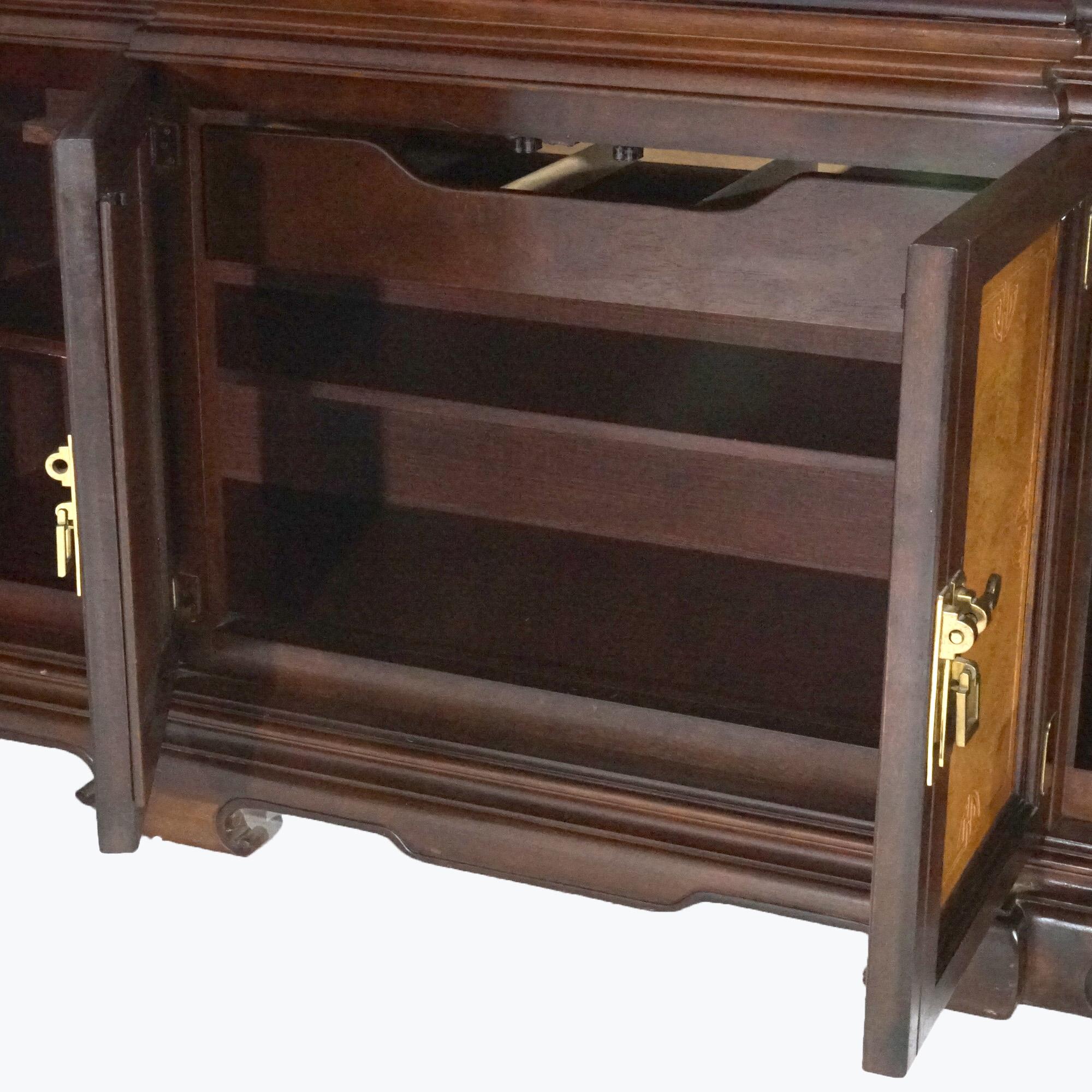 Chinese Chippendale Burl & Mahogany Lighted Breakfront Cupboard, 20th C 9