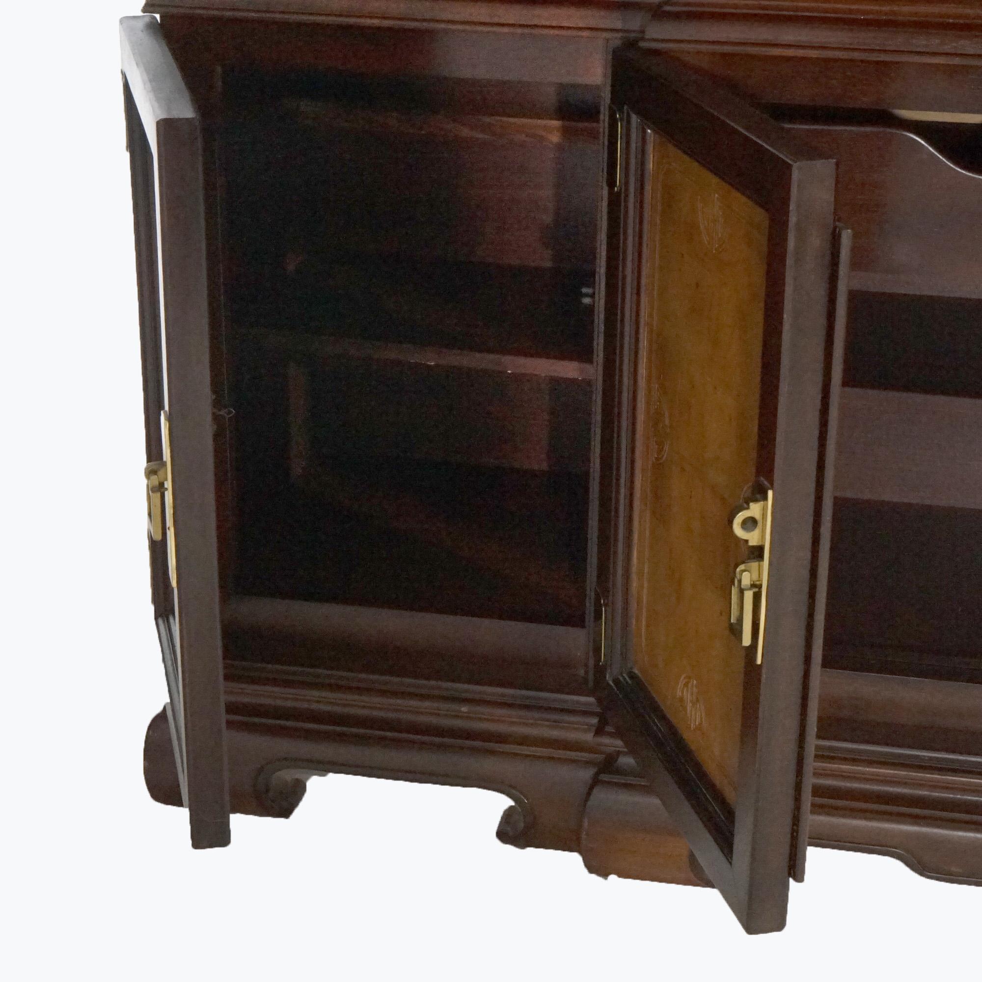 Chinese Chippendale Burl & Mahogany Lighted Breakfront Cupboard, 20th C 11