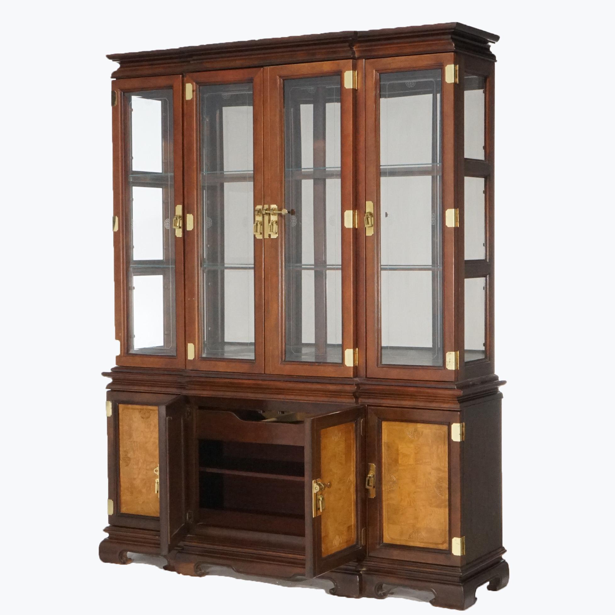 Chinese Chippendale Burl & Mahogany Lighted Breakfront Cupboard, 20th C In Good Condition In Big Flats, NY