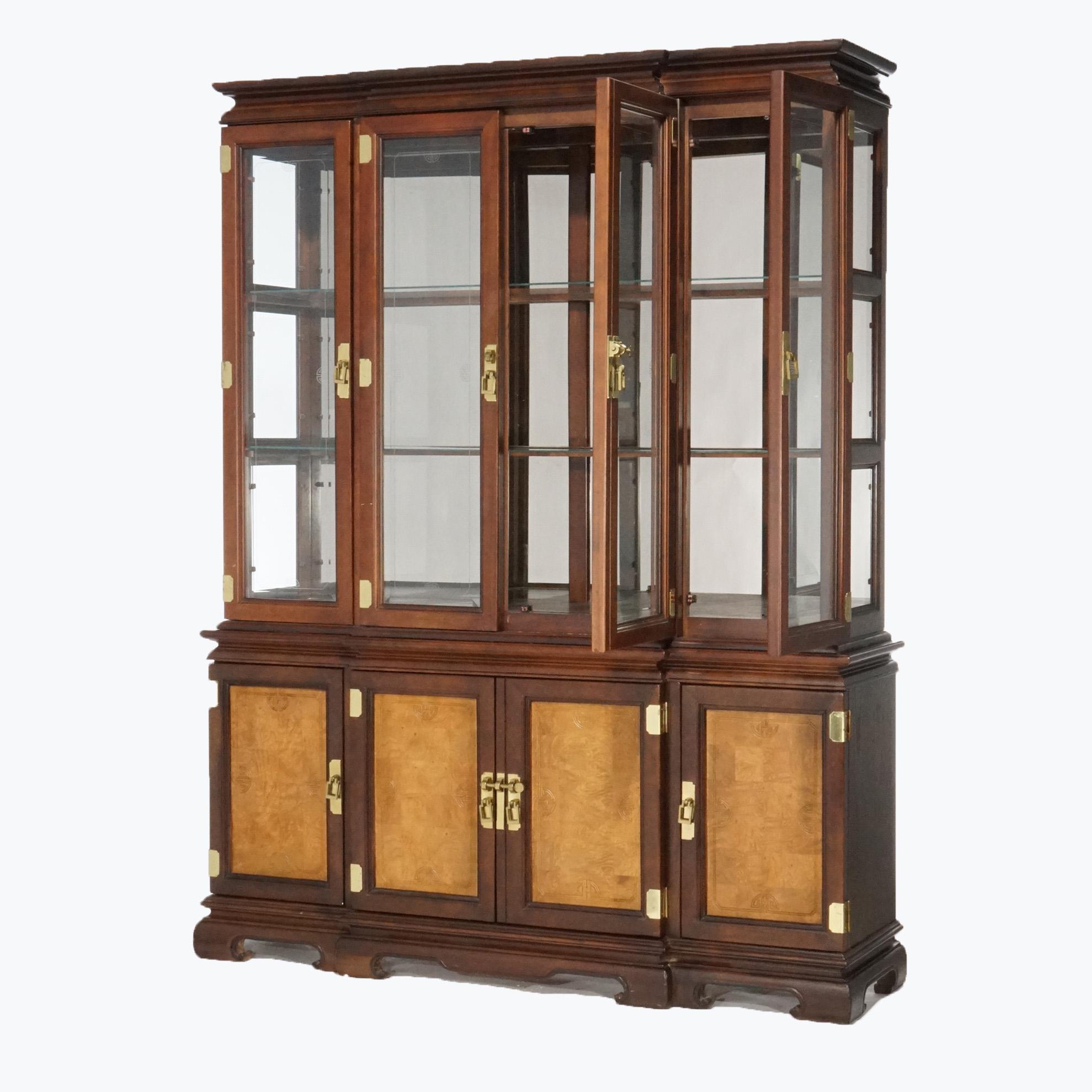 20th Century Chinese Chippendale Burl & Mahogany Lighted Breakfront Cupboard, 20th C