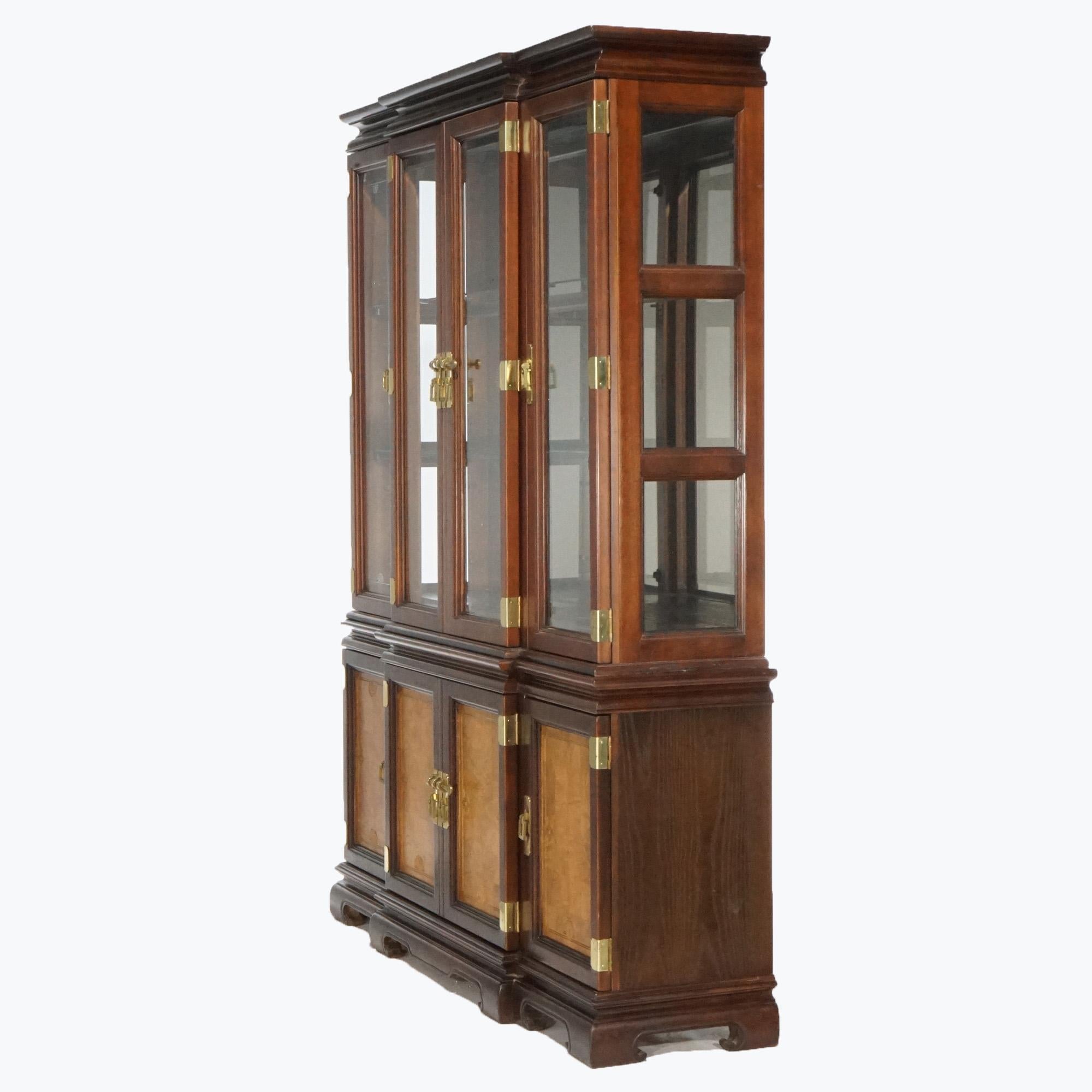 Chinese Chippendale Burl & Mahogany Lighted Breakfront Cupboard, 20th C 1