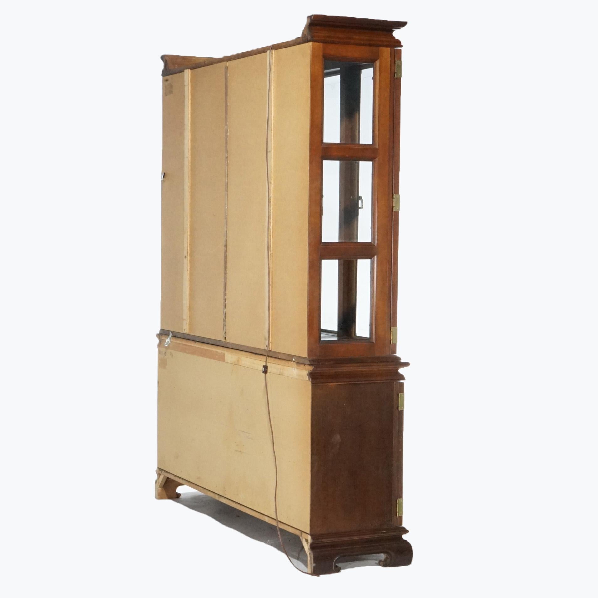 Chinese Chippendale Burl & Mahogany Lighted Breakfront Cupboard, 20th C 2