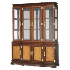 Chinese Chippendale Burl & Mahogany Lighted Breakfront Cupboard, 20th C