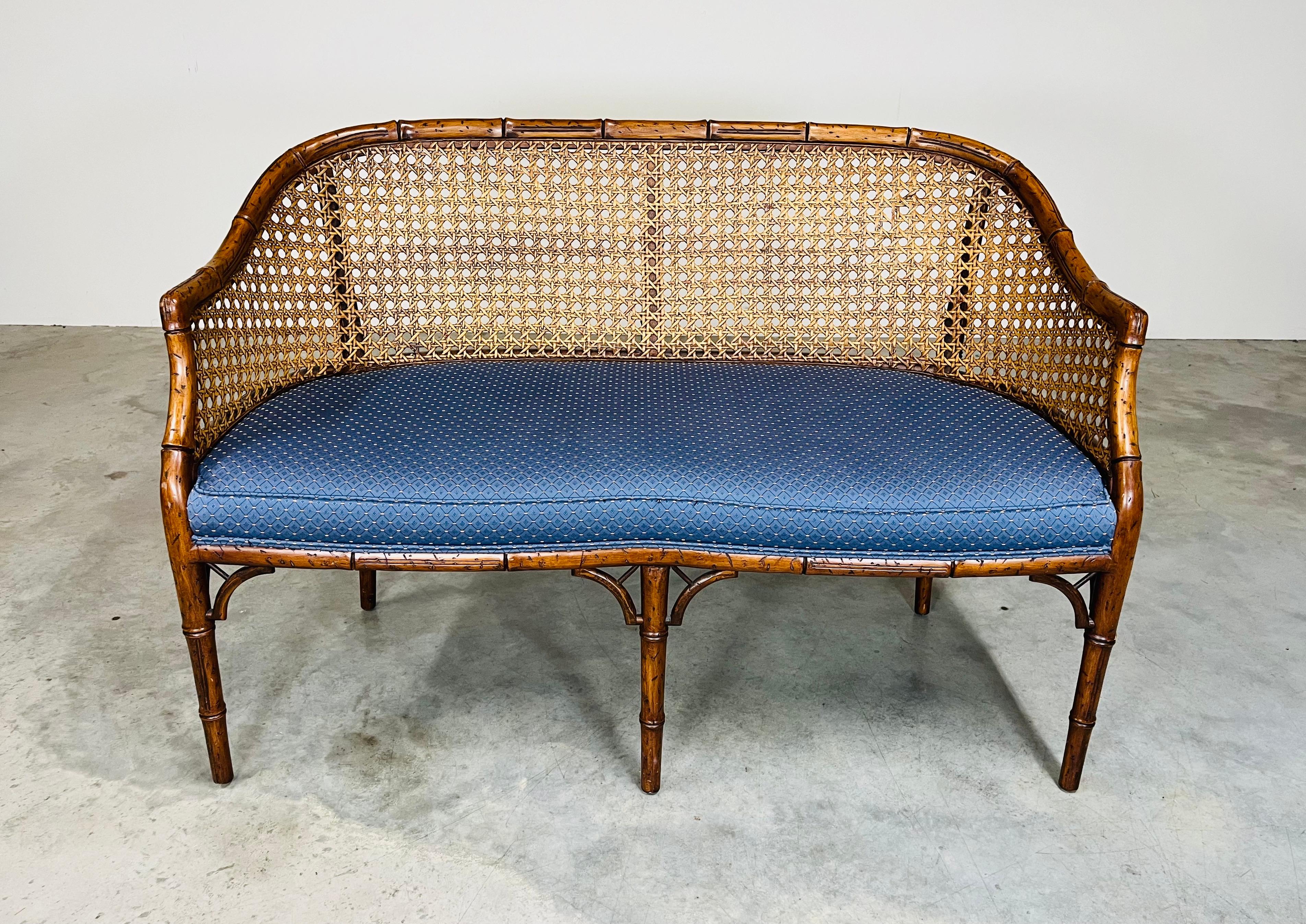 American Chinese Chippendale Caned Barrel Back Settee Loveseat Bench