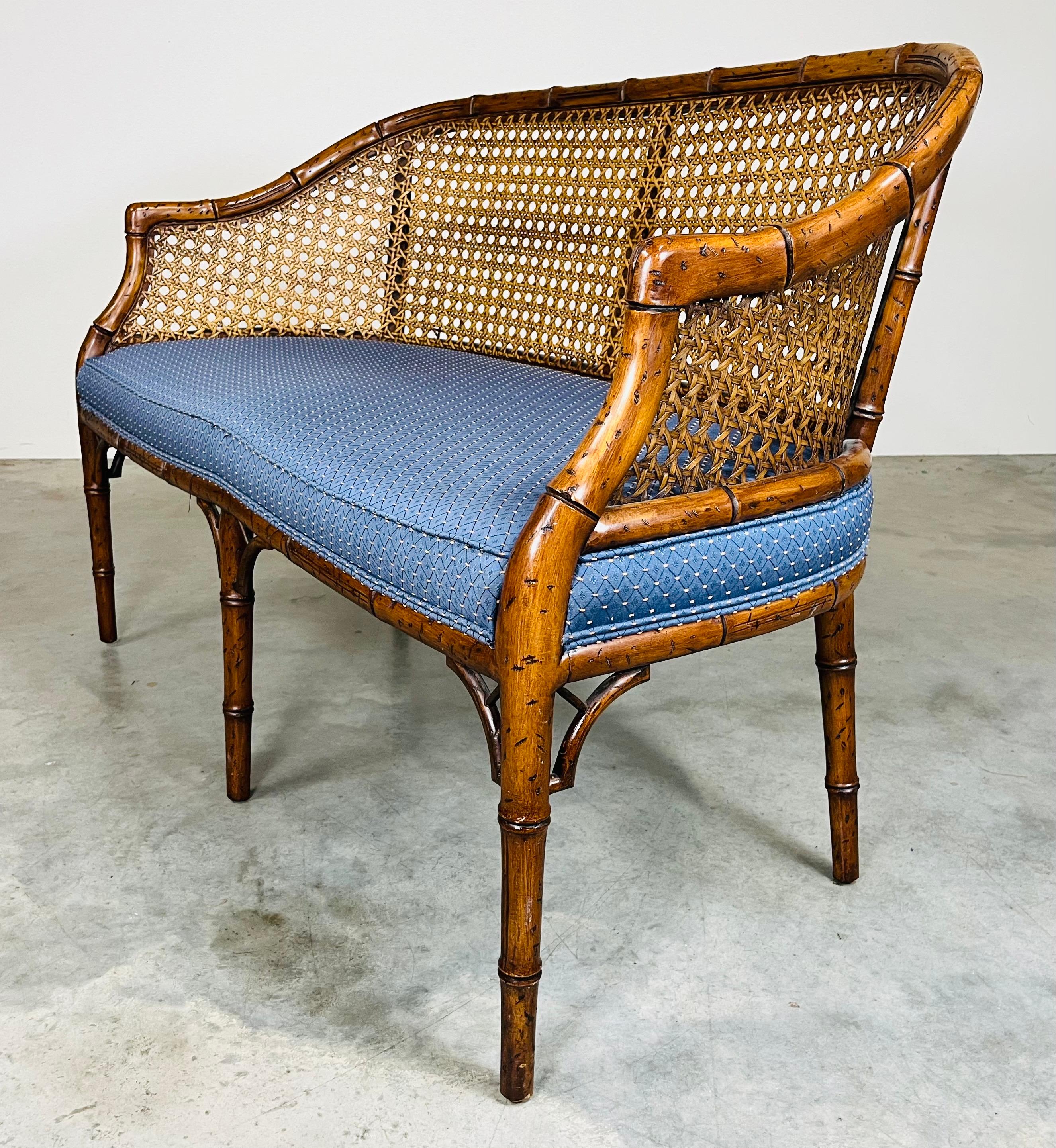 Chinese Chippendale Caned Barrel Back Settee Loveseat Bench In Good Condition In Southampton, NJ