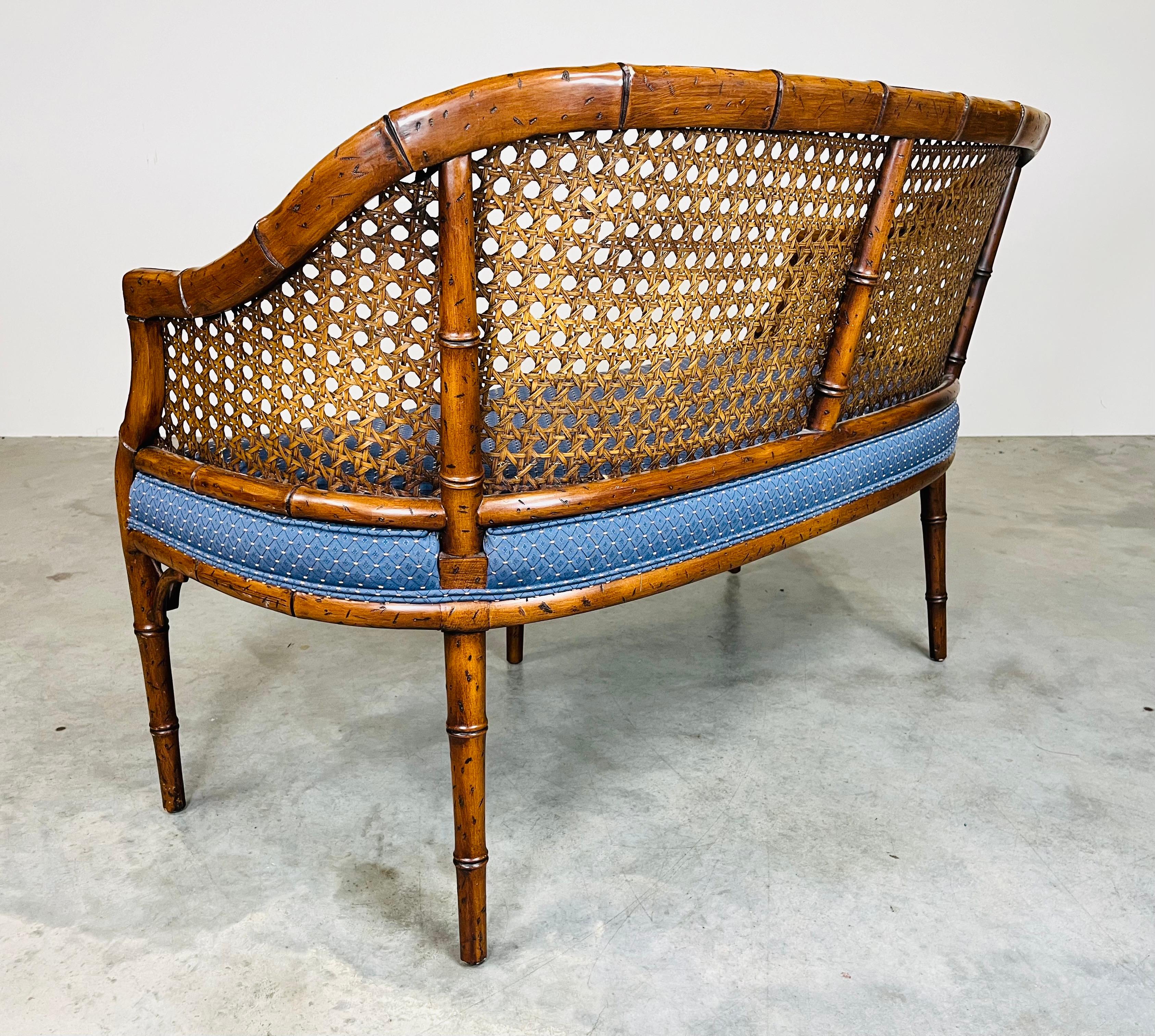 20th Century Chinese Chippendale Caned Barrel Back Settee Loveseat Bench