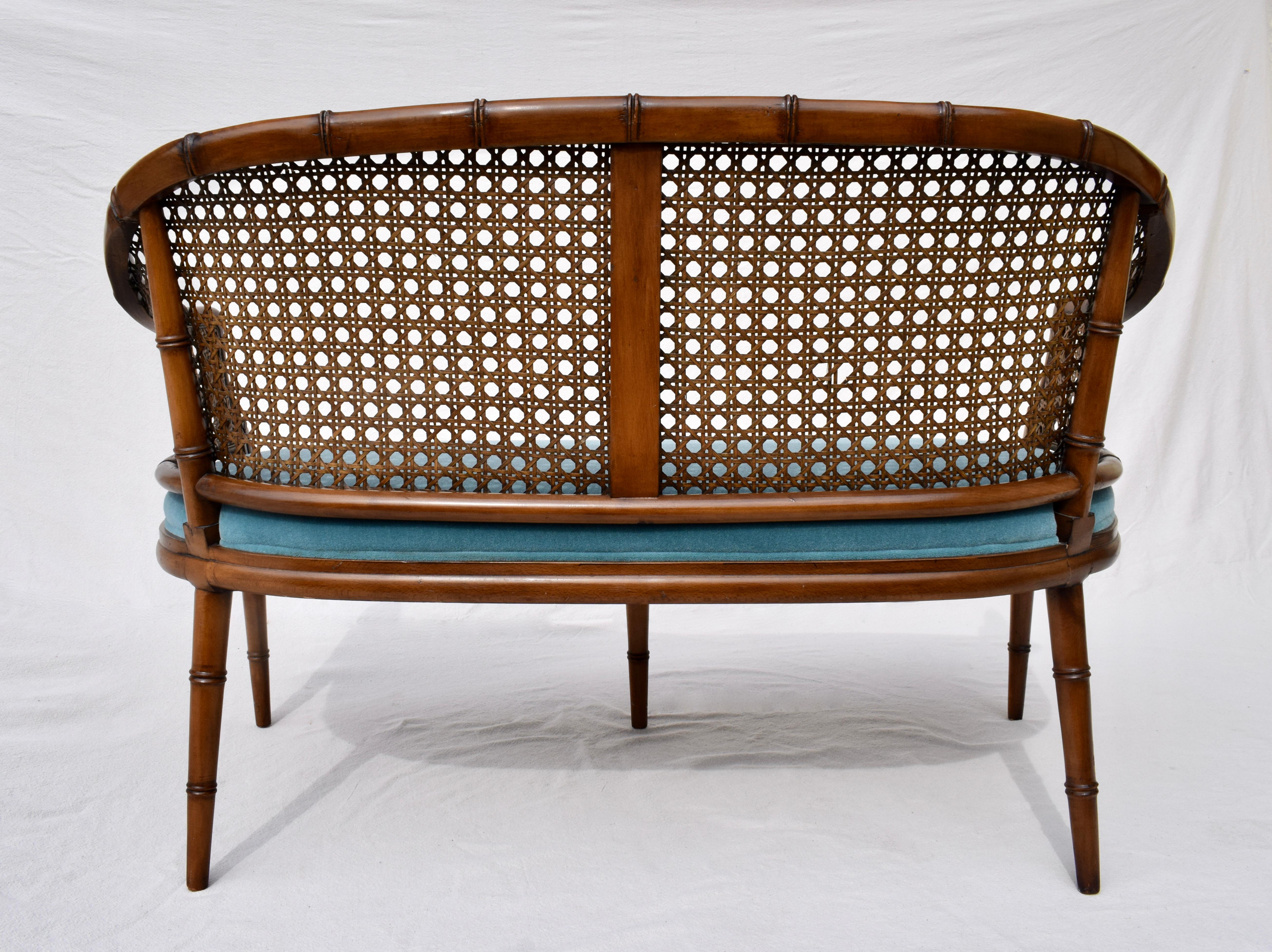 20th Century Chinese Chippendale Caned Barrel Back Settee Loveseat