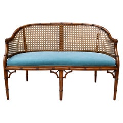 Chinese Chippendale Caned Barrel Back Settee Loveseat