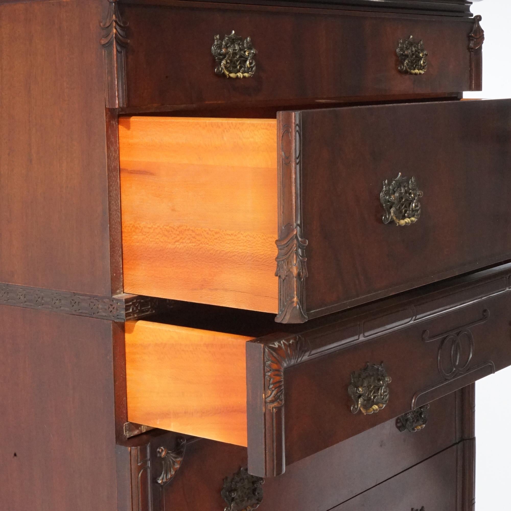 Chinese Chippendale Carved Flame Mahogany High Chest, circa 1940 6