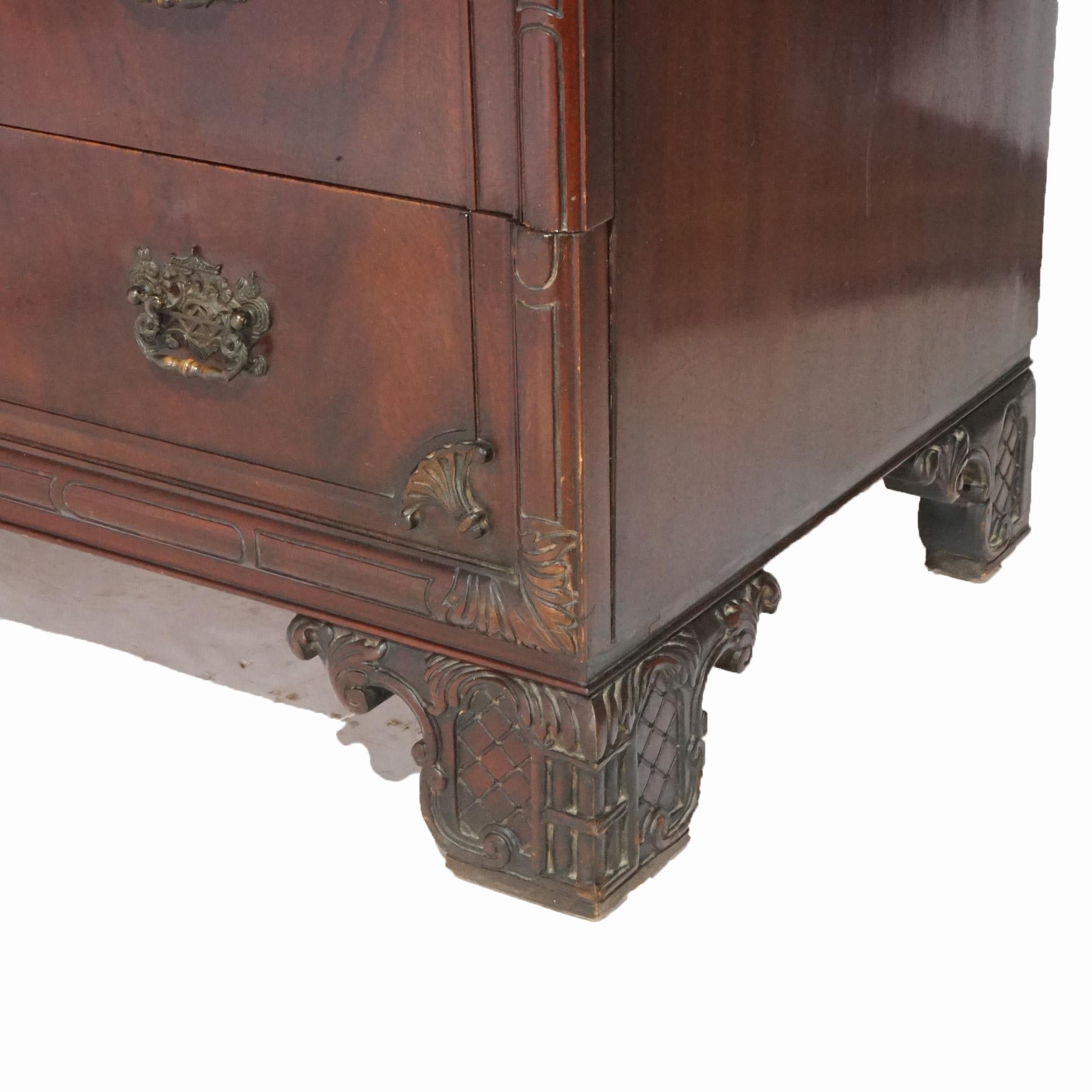 Chinese Chippendale Carved Flame Mahogany High Chest, circa 1940 8