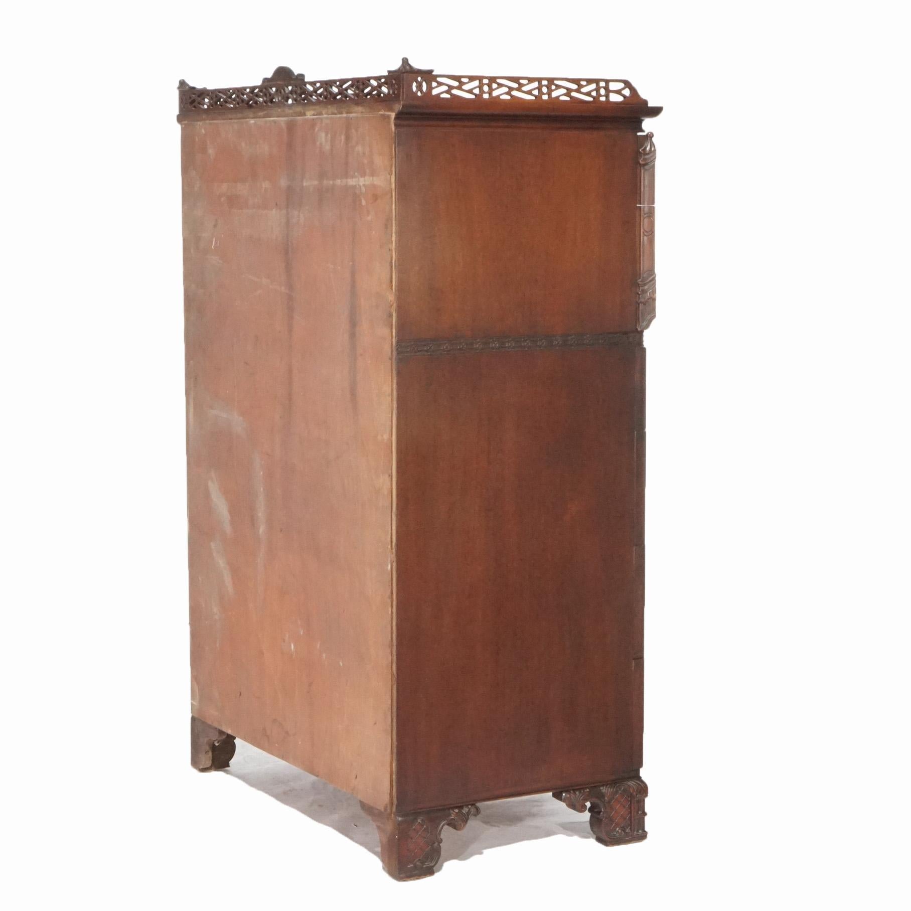 Chinese Chippendale Carved Flame Mahogany High Chest, circa 1940 In Good Condition In Big Flats, NY