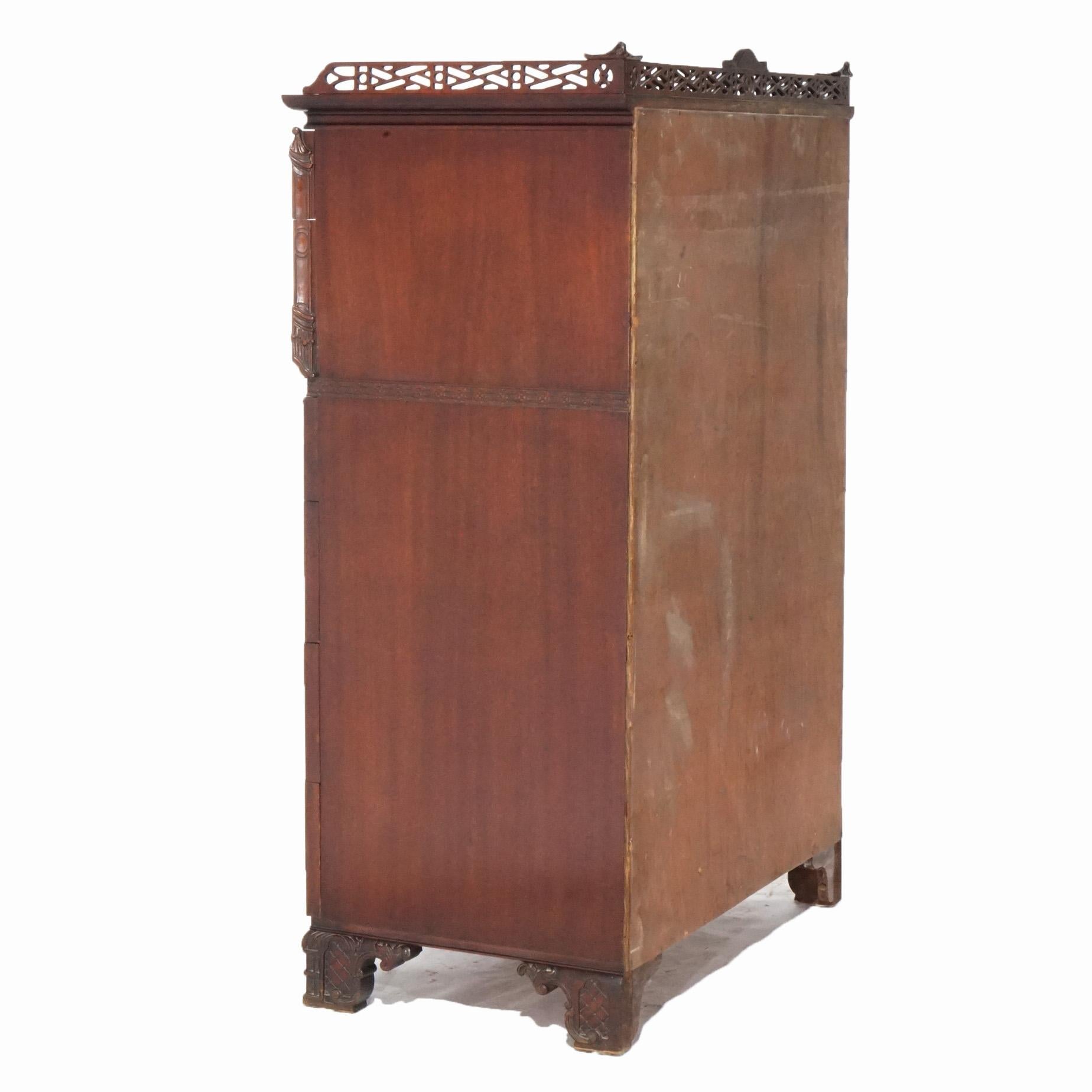 20th Century Chinese Chippendale Carved Flame Mahogany High Chest, circa 1940