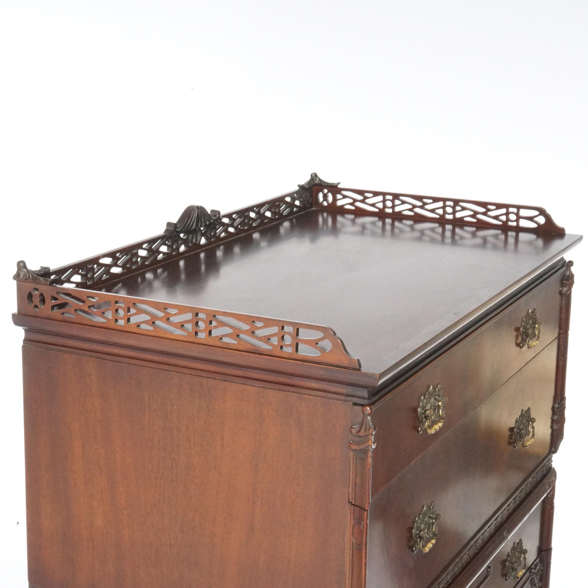 Chinese Chippendale Carved Flame Mahogany High Chest, circa 1940 2