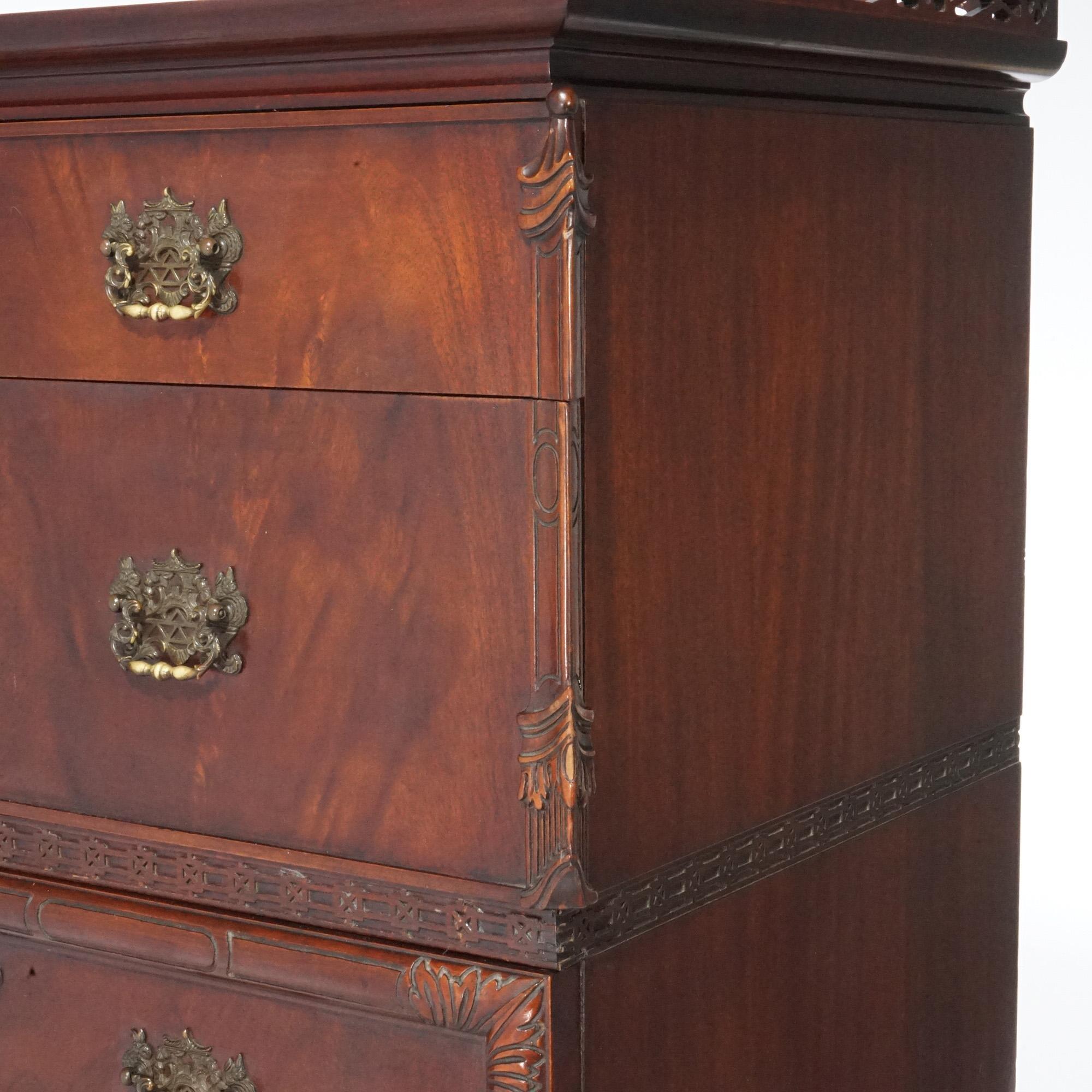 Chinese Chippendale Carved Flame Mahogany High Chest, circa 1940 5