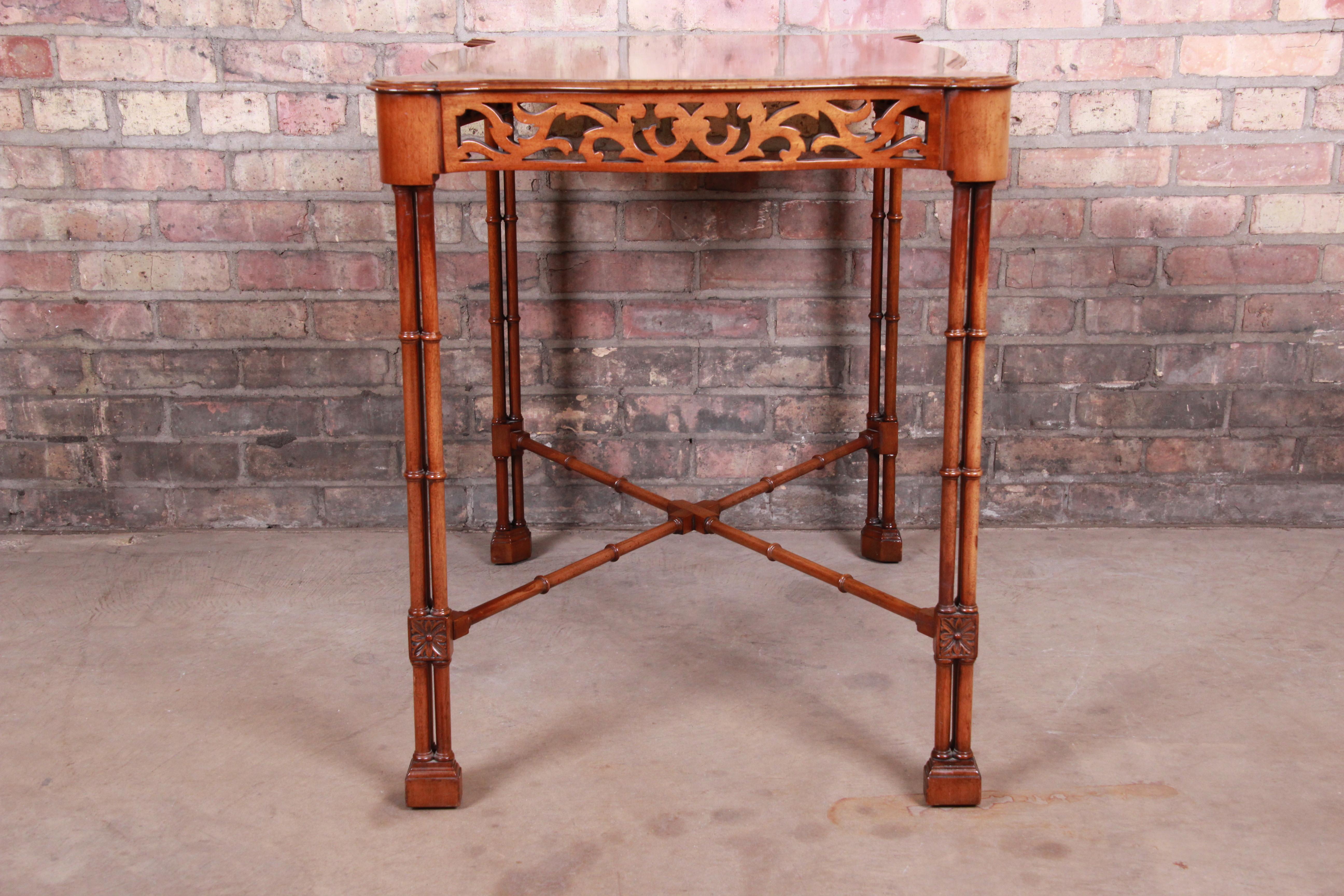 Chinese Chippendale Carved Mahogany Faux Bamboo Tea Table by Beacon Hill 5